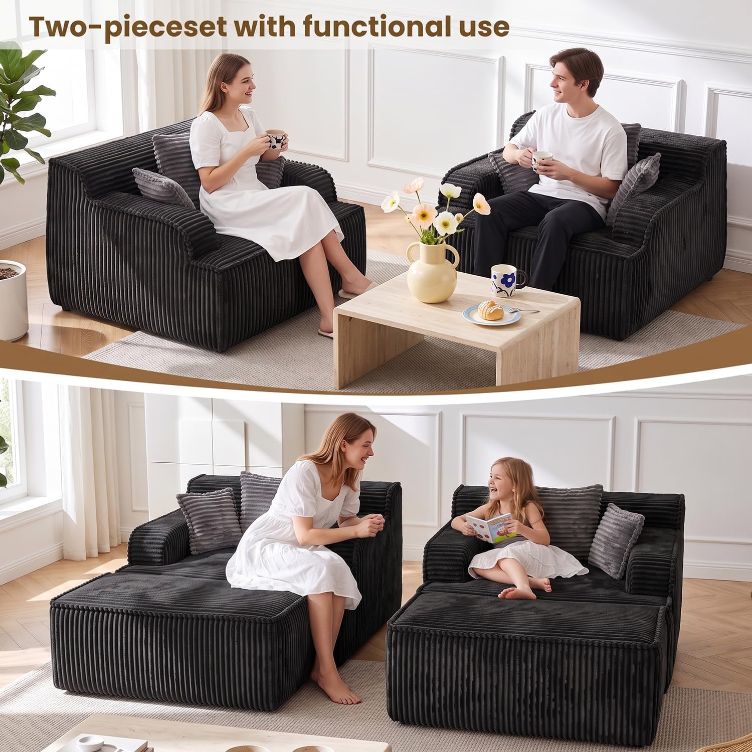 Chaise Lounge Chair Indoor,Oversized Boneless Chair Reading Chair,Comfy Boneless Small Couch for Living Room,Single Sleeper Chair Bed,Black
