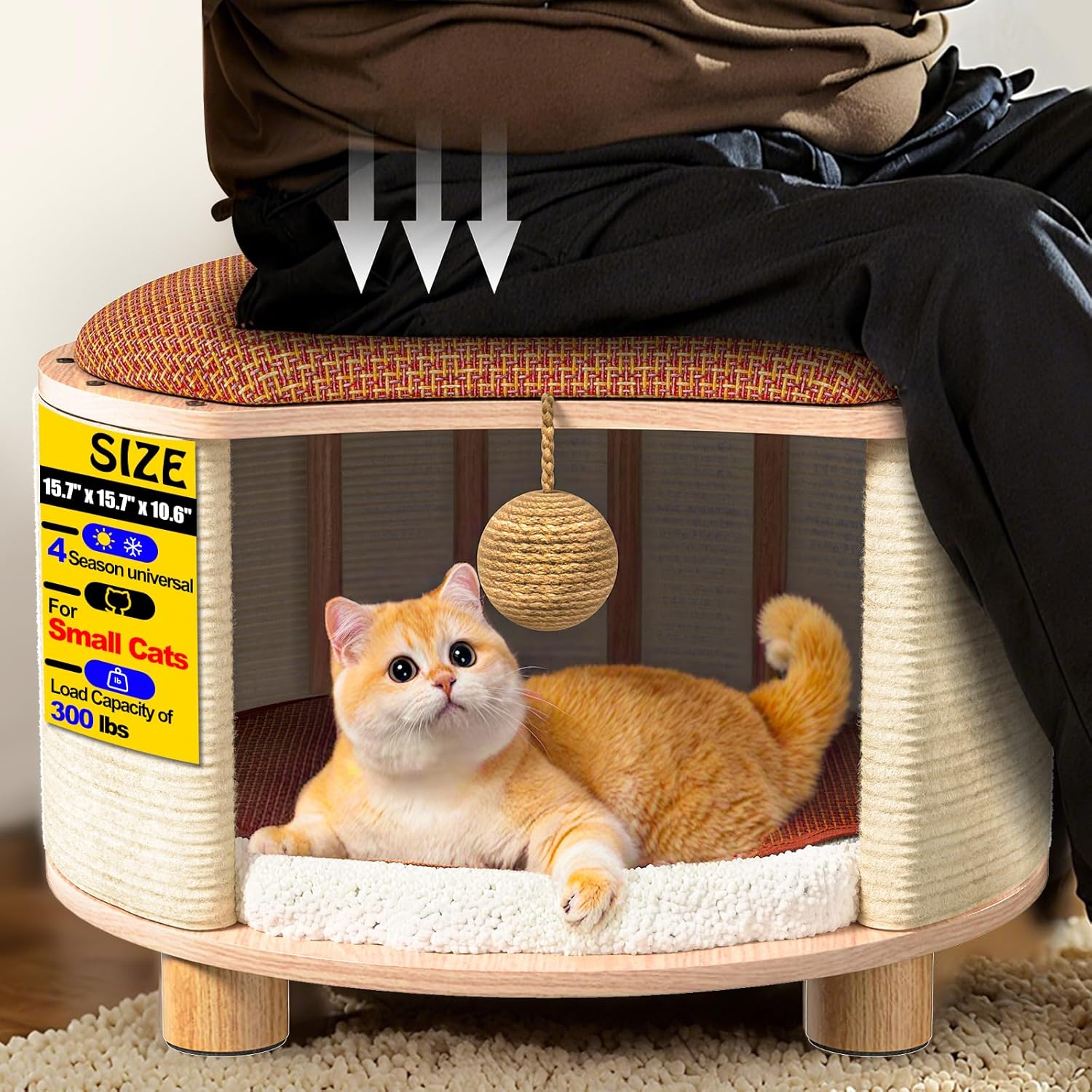 Solid Wood Cats House Stool, 300-lb Capacity. Large Cat Bed Cave for Indoor Cats & Humans. Cat Toy Ball, Removable Scratching Pad, Fleece Blanket. Suitable for Pets Under 20 lbs. 15.7"x15.7"x10.6"