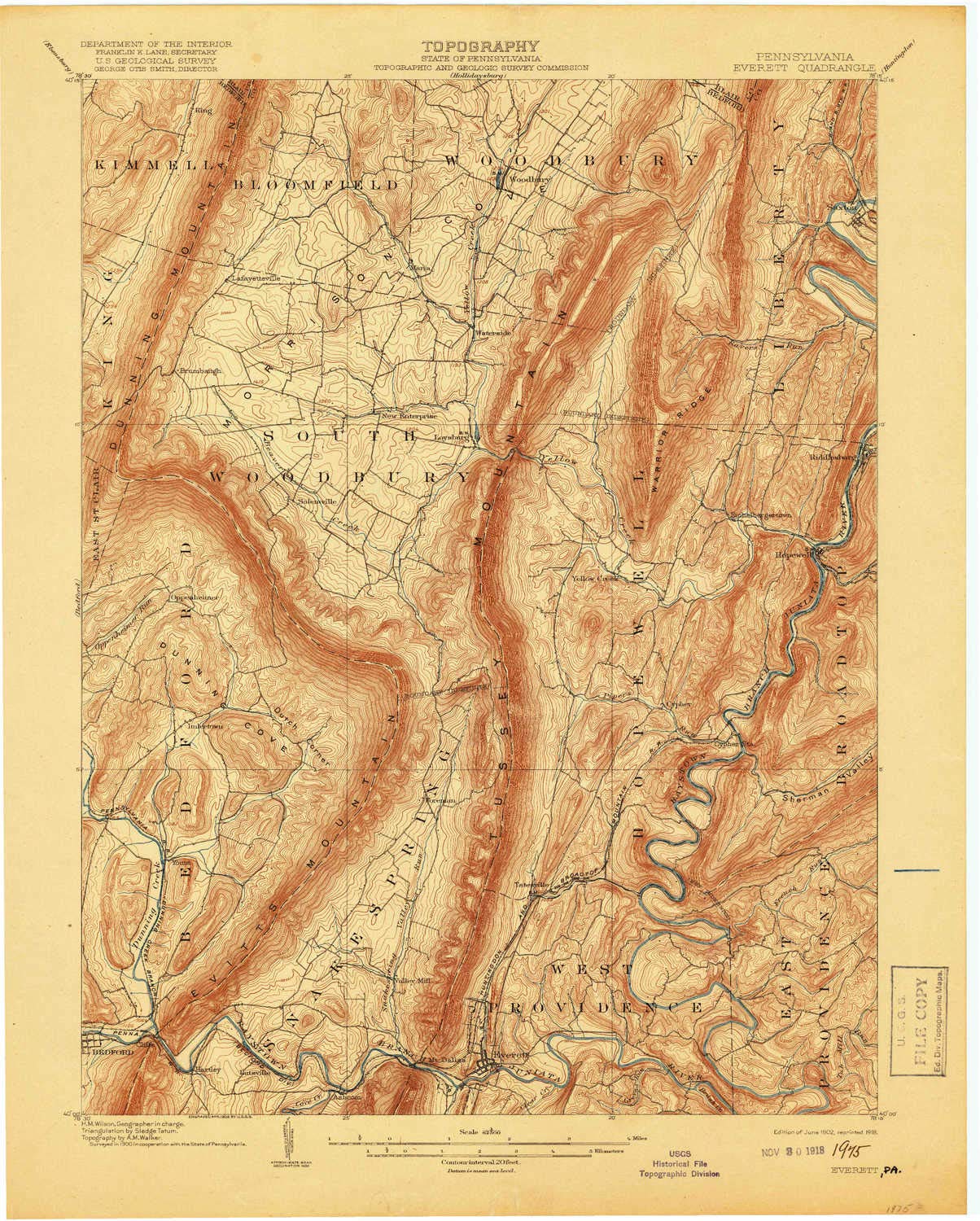 YellowMaps Everett PA topo map, 1:62500 Scale, 15 X 15 Minute, Historical, 1902, Updated 1918, 20.5 x 16.5 in - Tyvek