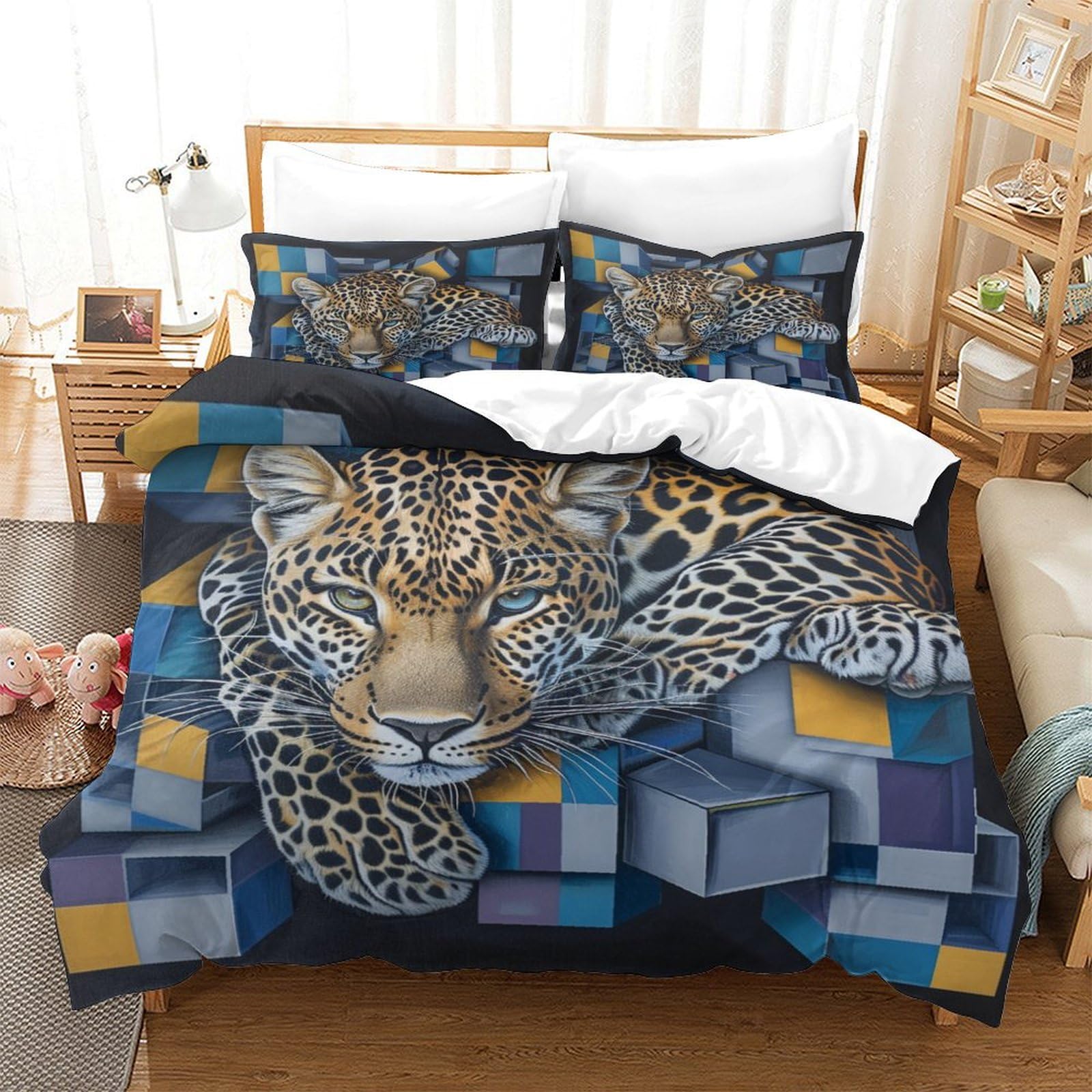 Parure de lit léopard 3D 140x200 pour enfant avec housse de couette