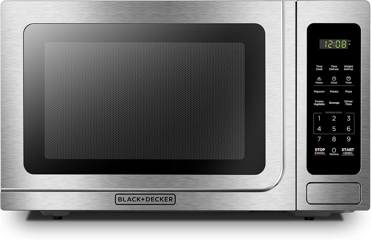 Microwave Countertop 1.4 Cu.Ft, 1000W, Stainless Steel | Push-Button Door, 6 Auto Cook Presets, Countertop, Child Safety Lock