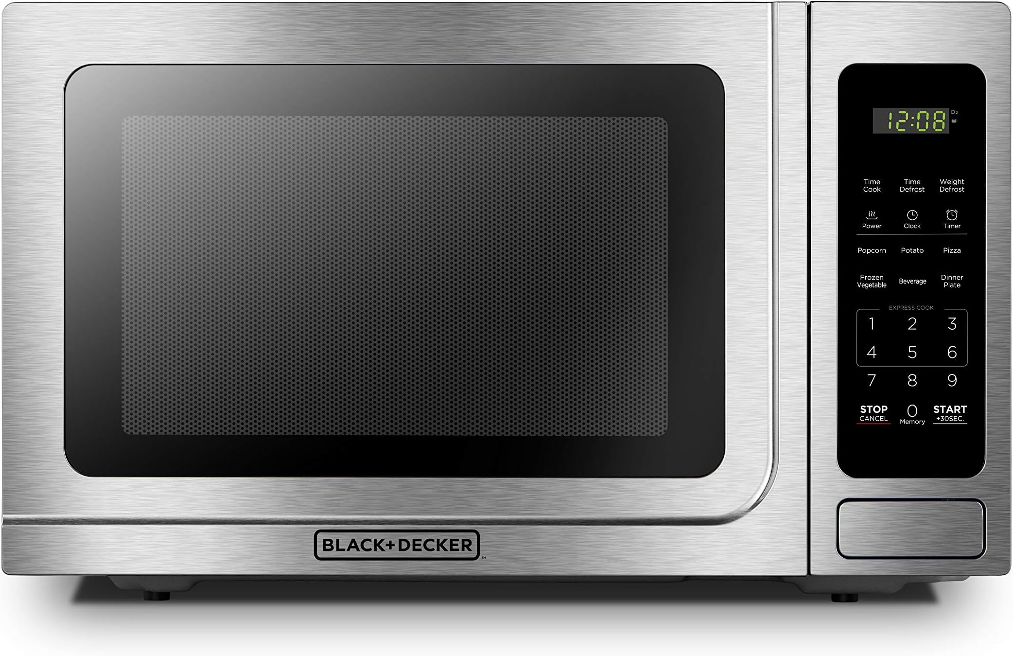 - BLACK+DECKER EM036AB14 Digital Microwave Oven with Turntable Push-Button Door, Child Safety Lock, Stainless Steel, 1.4 Cu.ft