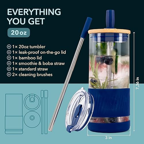 Miniatura 2 de Vasos de vidrio con tapas y popotes, 20 onzas líquidas, taza de café helado, taza de batido con tapa de bambú y tapa sobre la marcha (azul