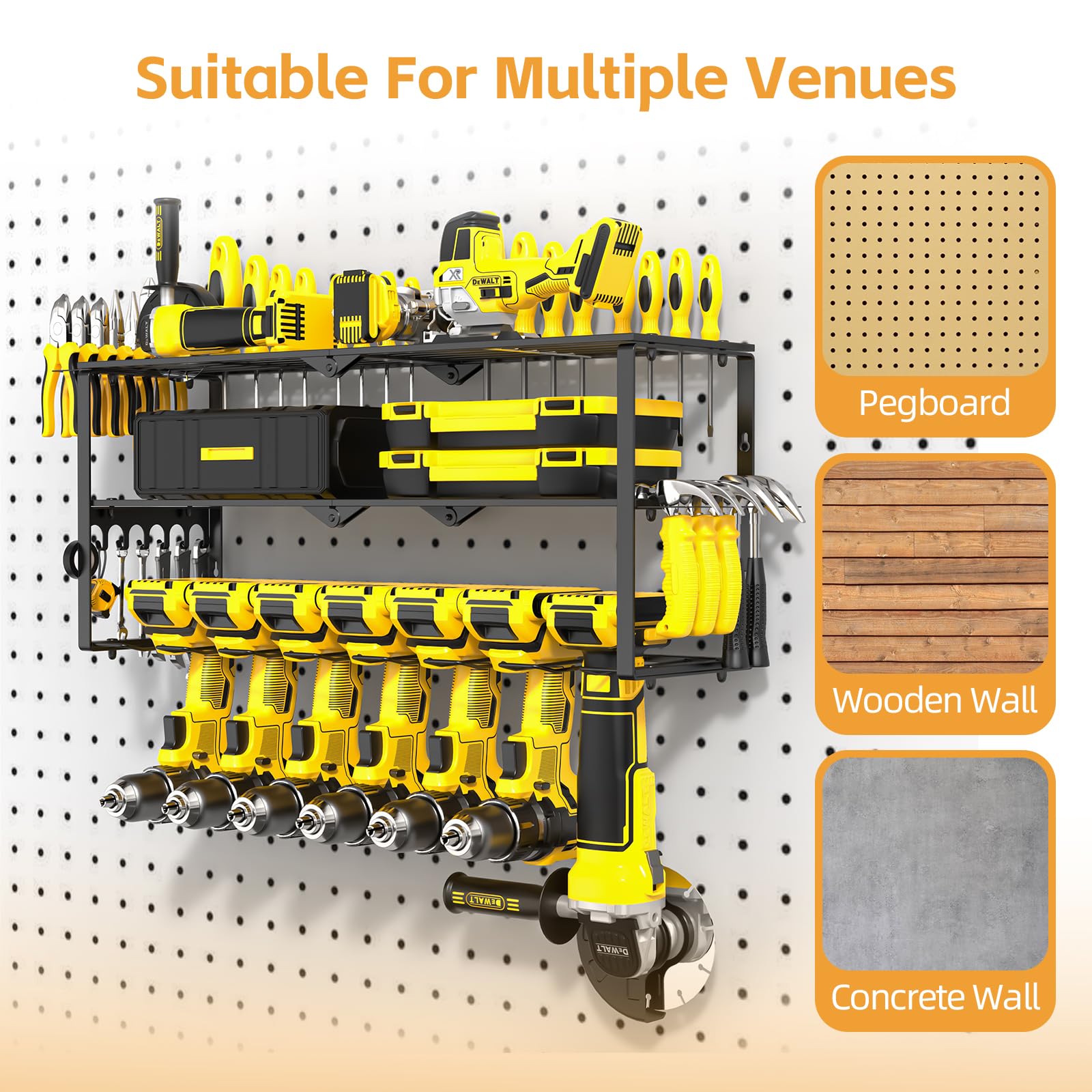 Organiseur mural pour outils électriques sans fil, installation rapide de 15 minutes en métal, organiseur de rangement pour outils de garage, 3 couches, 7 perceuses, support mural pour organisation de