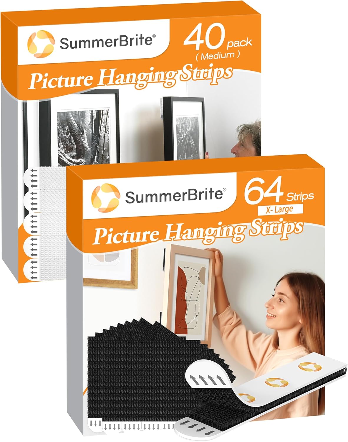 Summerbrite Picture Hanging Strips (Mudium 40 Strips) Bundle with (Large 64 Strips, Black) Wall Strips, Damage Free Hanging Picture Hangers,Picture Hanging Hooks