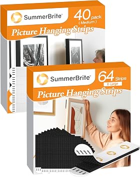 Summerbrite Picture Hanging Strips Mudium 40 Strips Bundle with Large 64 Strips, Black Wall Strips, Damage Free Hanging Picture Hangers,Picture Hanging Hooks