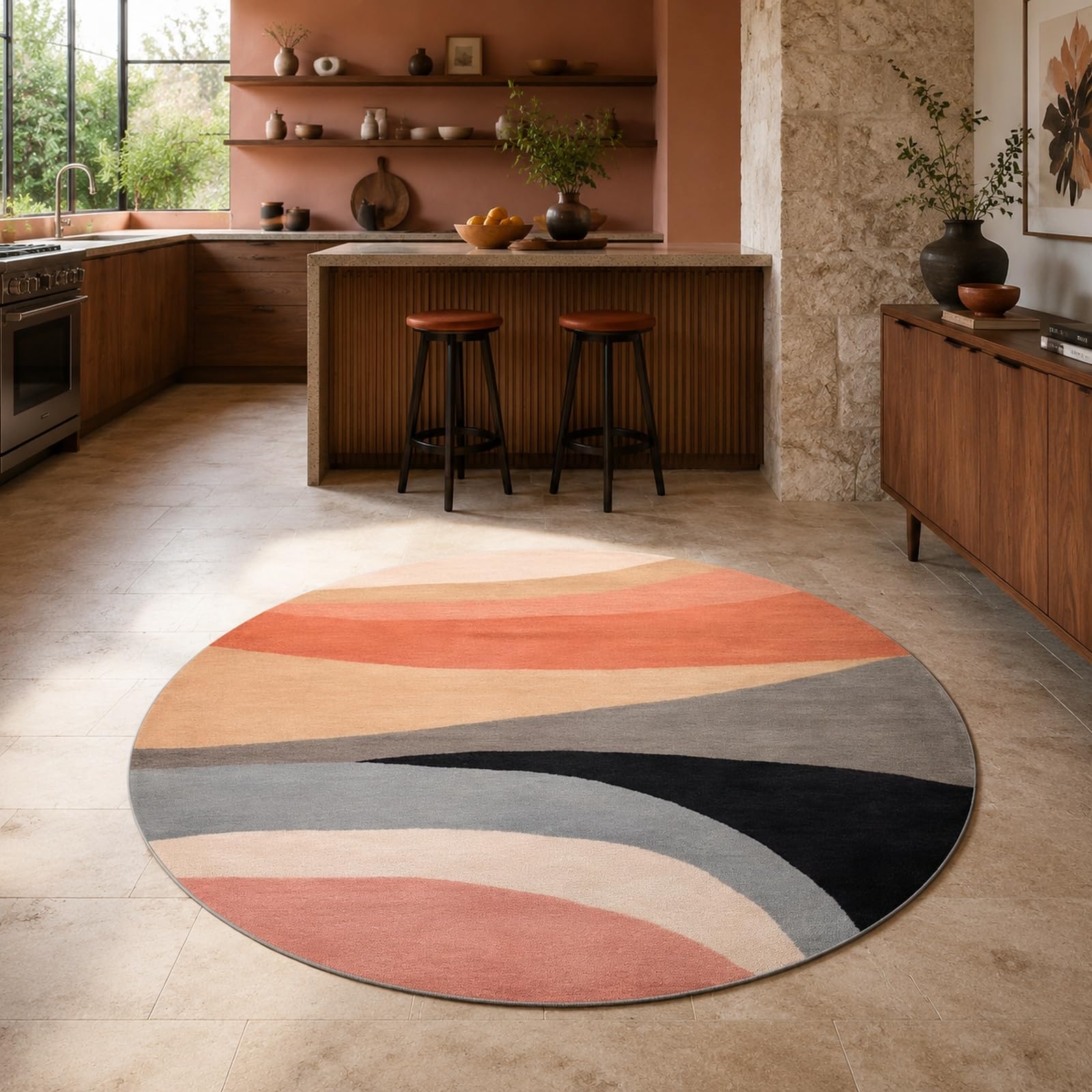 Tapis rond rose moderne et beige pour dressing | Diamètre 130 cm