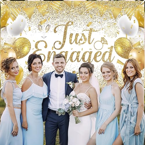 Miniatura 7 de Decoración de fiesta de compromiso dorada, pancarta de oro blanco con texto en inglés "Just Engaged", pancarta de compromiso de oro blanco, telón de