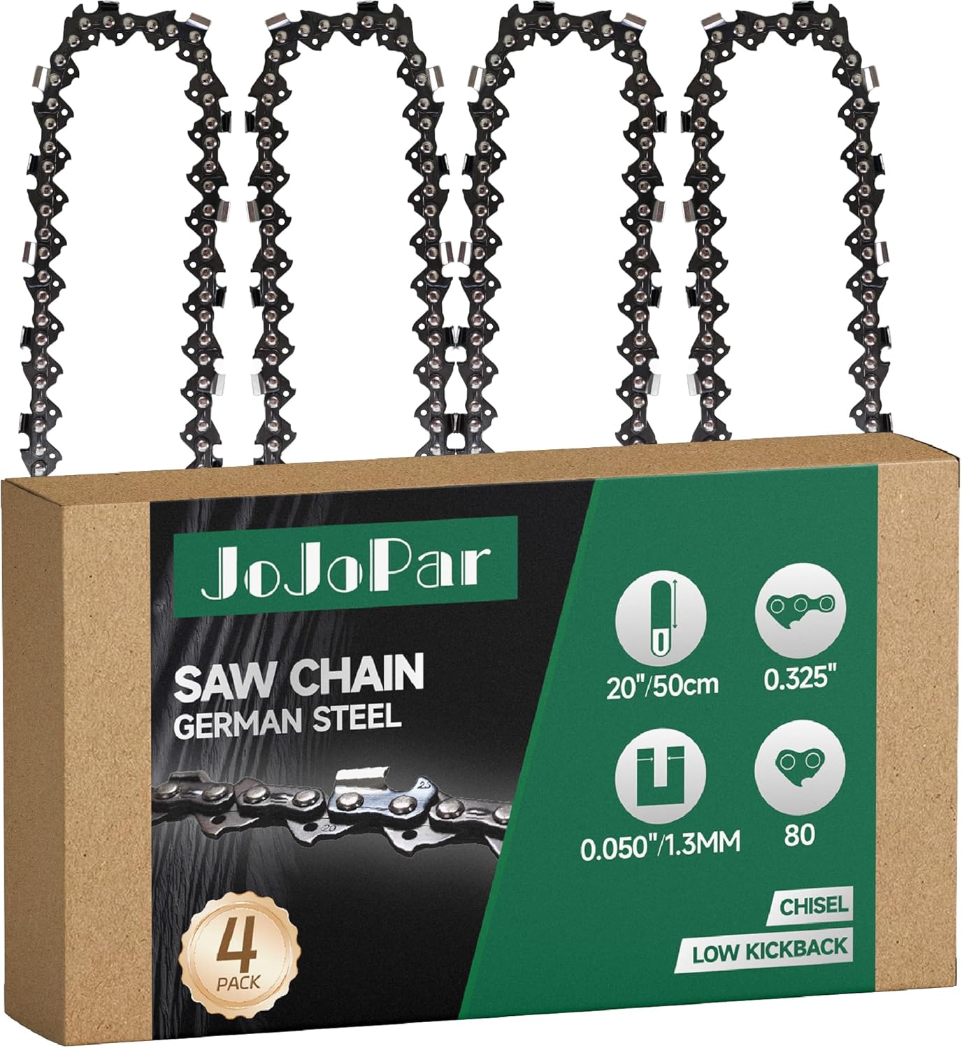4 Pack 20 Inch Chainsaw Chain .325" Pitch .050" Gauge 80 Drive Links 20 Inch Replacement Low Kickback Saw Chains Compatible with Husqvarna 450 550 550xp 450 Rancher Craftsman s205 Jonsered More