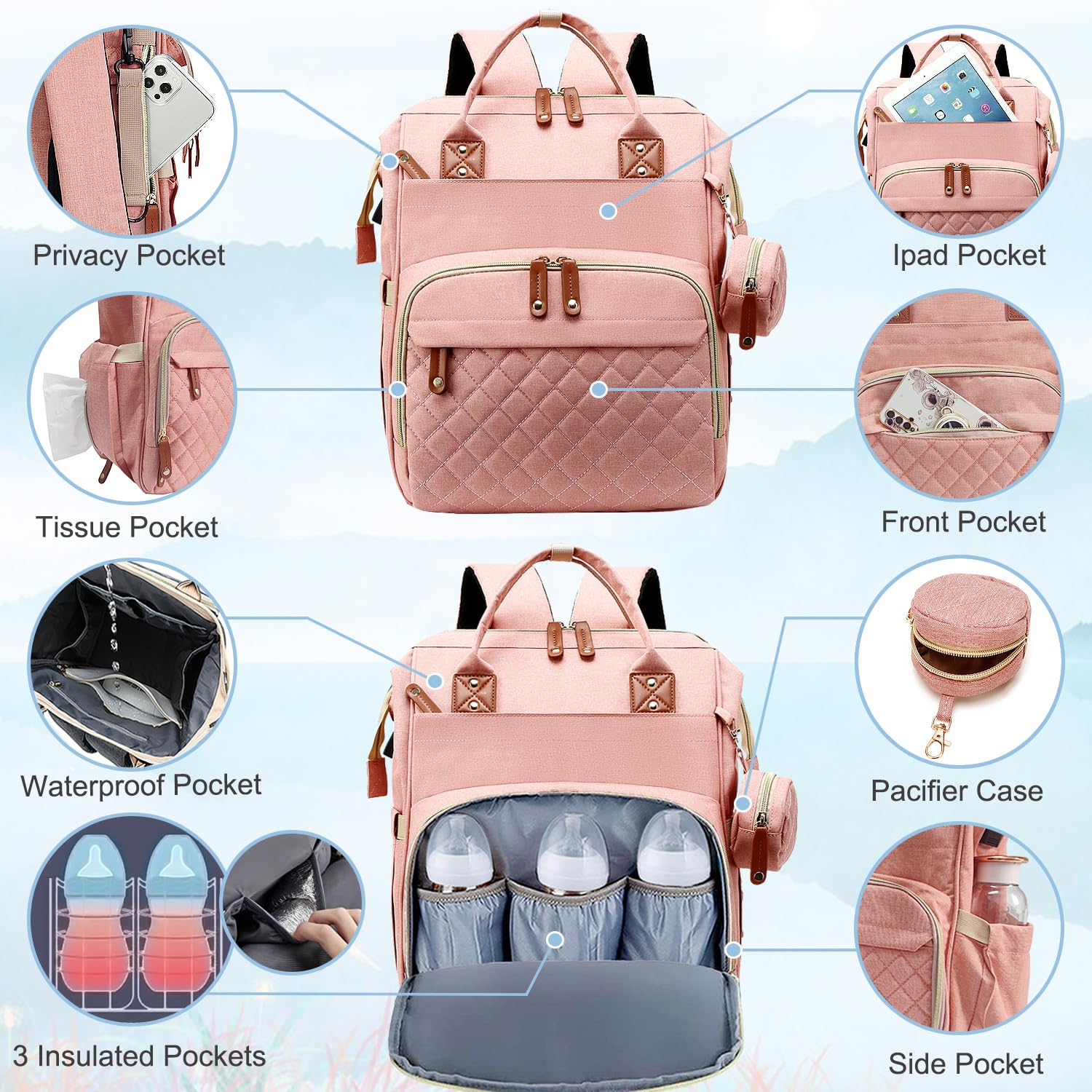 Diaper Bag Backpack Baby Bag, Baby Girl Boy Diaper Bag for Dad Mom with Pad,16 Pockets, Pacifier Case, Large Diaper Bags Unisex for Travel (Orange Pink) - Image 3
