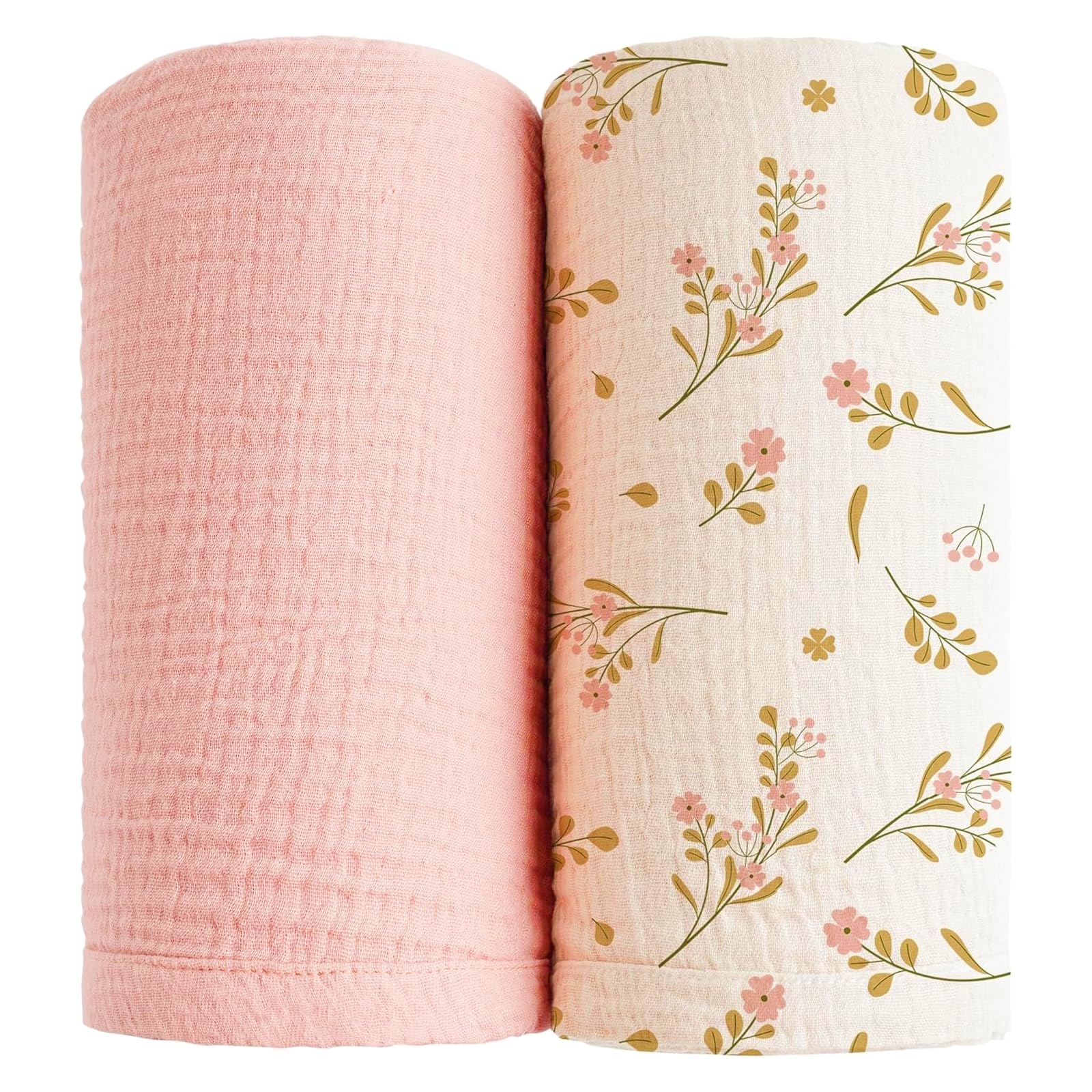 MiuK!ns Baby Pucktuch Musselin 2 Stück 120x120cm 100% Baumwolle Mullwindeln Baby Decke weich atmungsaktiv Swaddle Wrap für Unisex Neugeborenen Jungen Mädchen (Rosa Blumen)