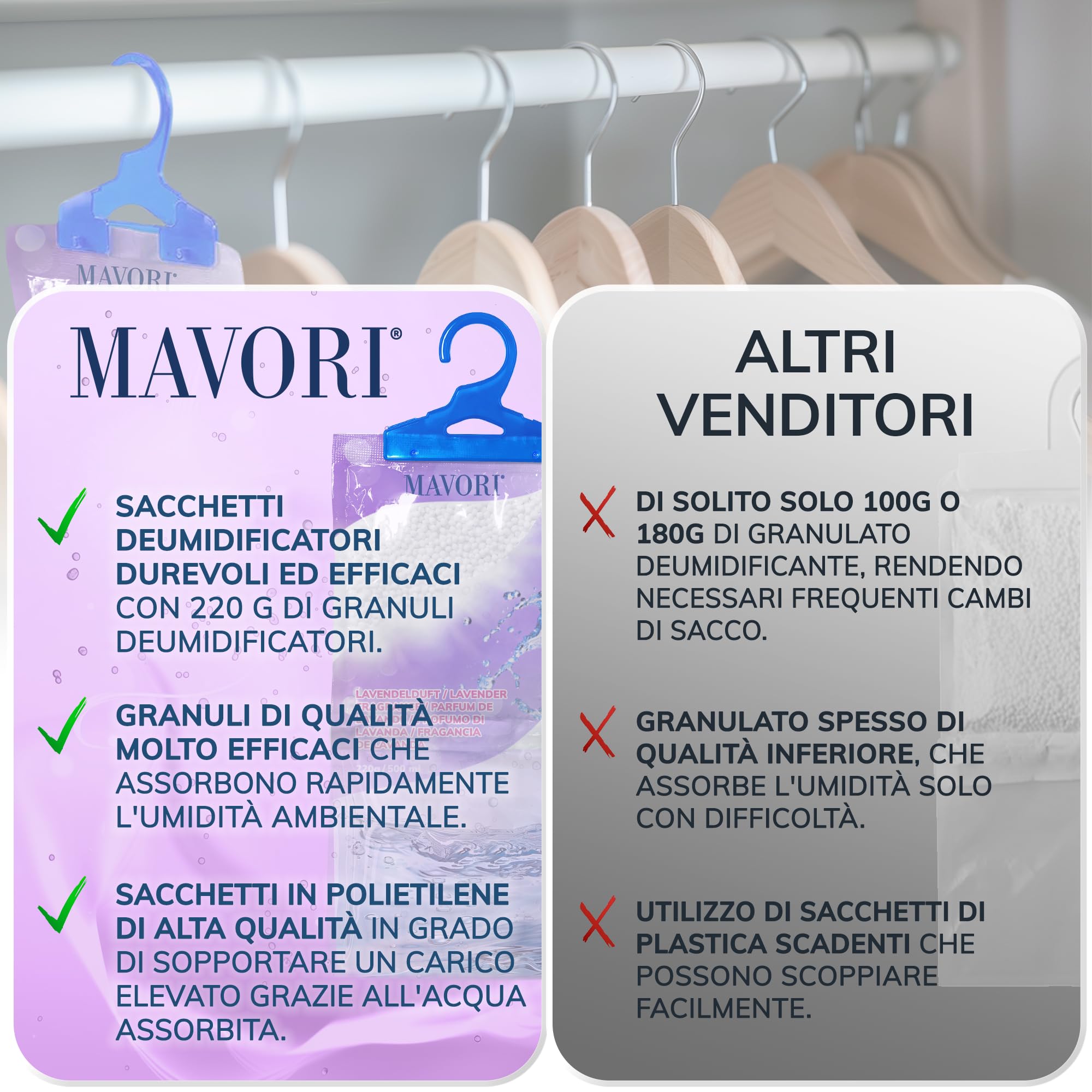 Set 10 deumidificatori XL da appendere | deumidificatori a sacchetti | deumidificatore da armadio e assorbiumidità per ambienti contro umidità, fino a 500 ml per sacchetto (Profumo di lavanda)