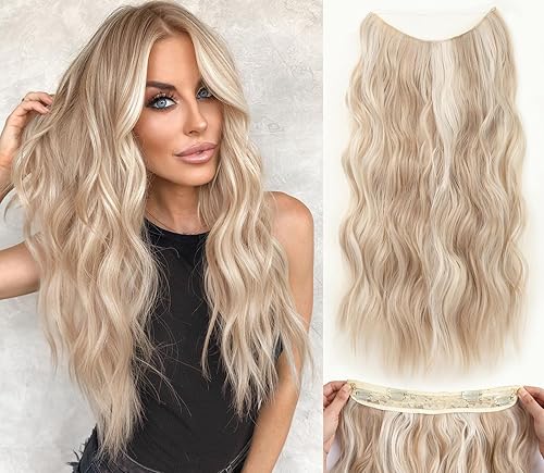 Extensiones de cabello tipo halo de 20 pulgadas, con alambre invisible, largo, ondulado, rubio claro, para mujer, tamaño ajustable, 4 clips (mezcla