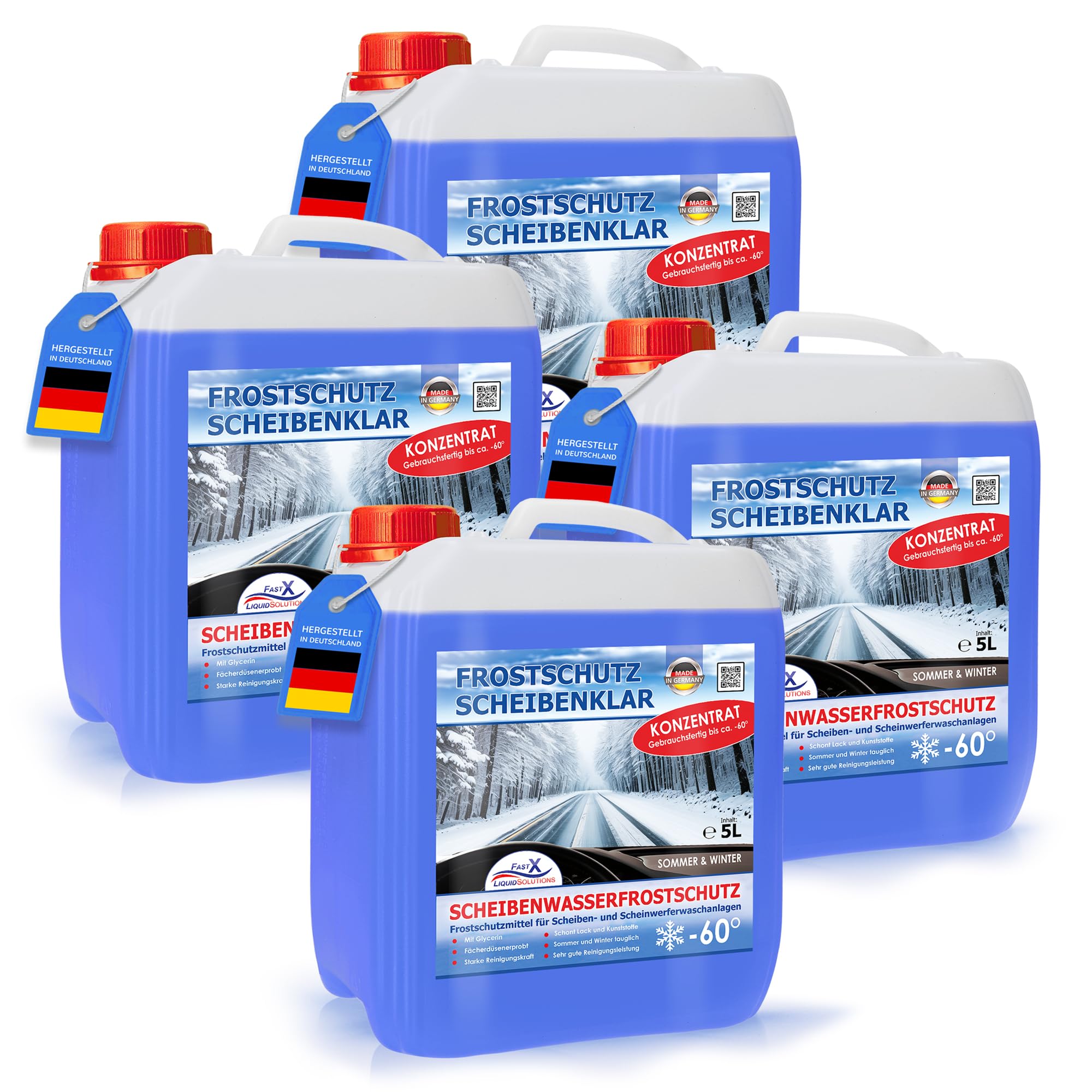 FAST X Scheibenfrostschutz/Scheibenwischwasser für Auto/LKW– 5 Liter Kanister– Winter und Sommer – Schutz bis -60°C (4x5 Liter)