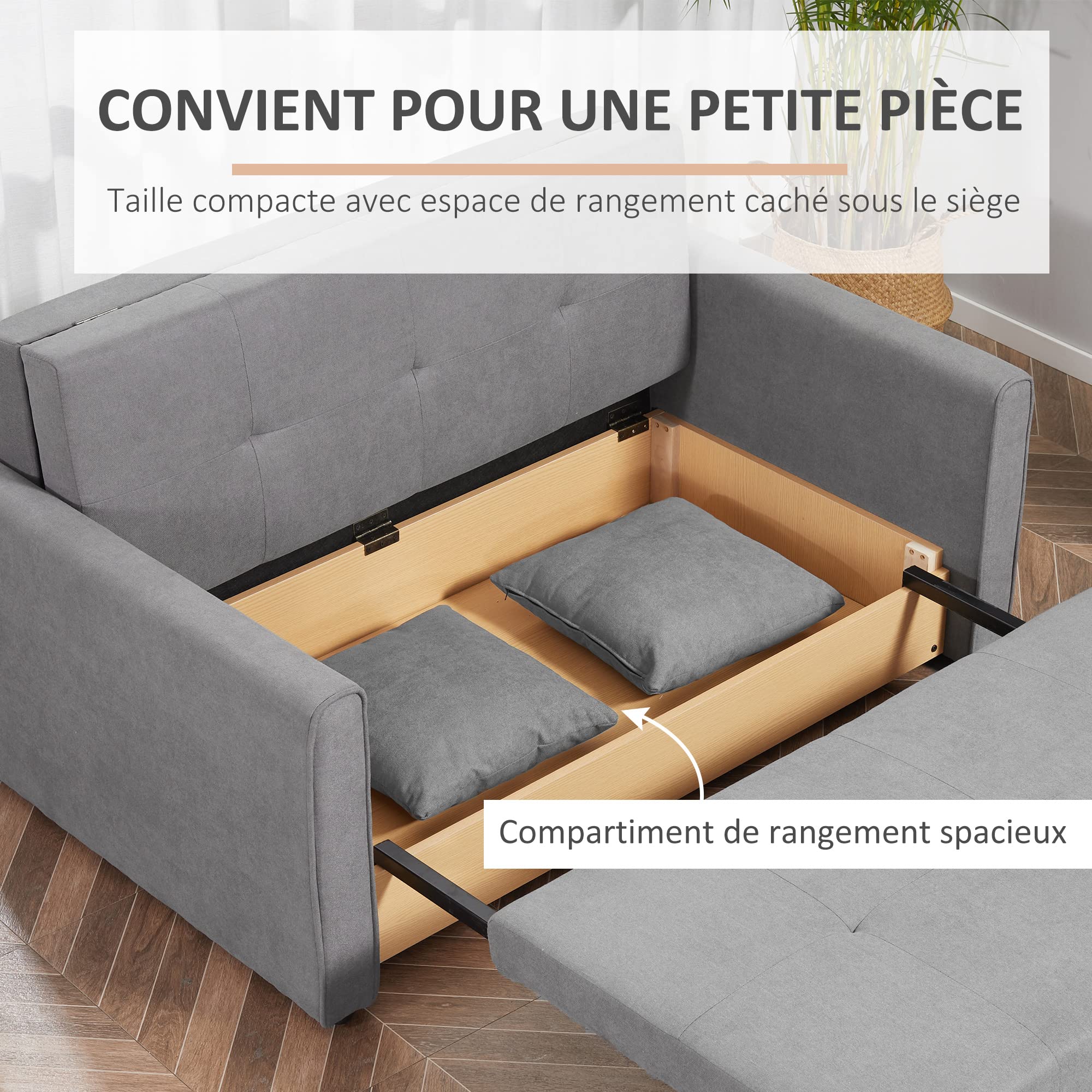 HOMCOM Canapé Convertible 3 Places Design Clic Clac Dossier Inclinable Et Accoudoirs Reglables Tissu Effet Lin Marron~1o5oj1at08g01