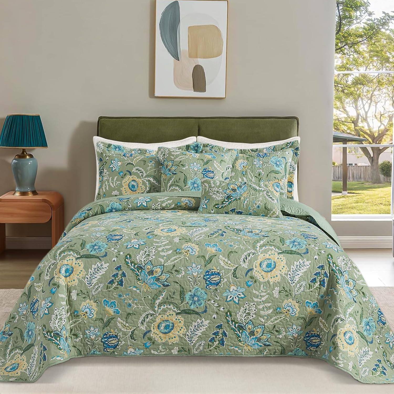 BEDIFANY Farmhouse King Quilt Bedding Set - Cotton Lightweight Bedspread with Floral Pattern, 98x106 Inch All Season Coverlet Set, 3 Piece (Quilt + 2 Pillow Shams)
