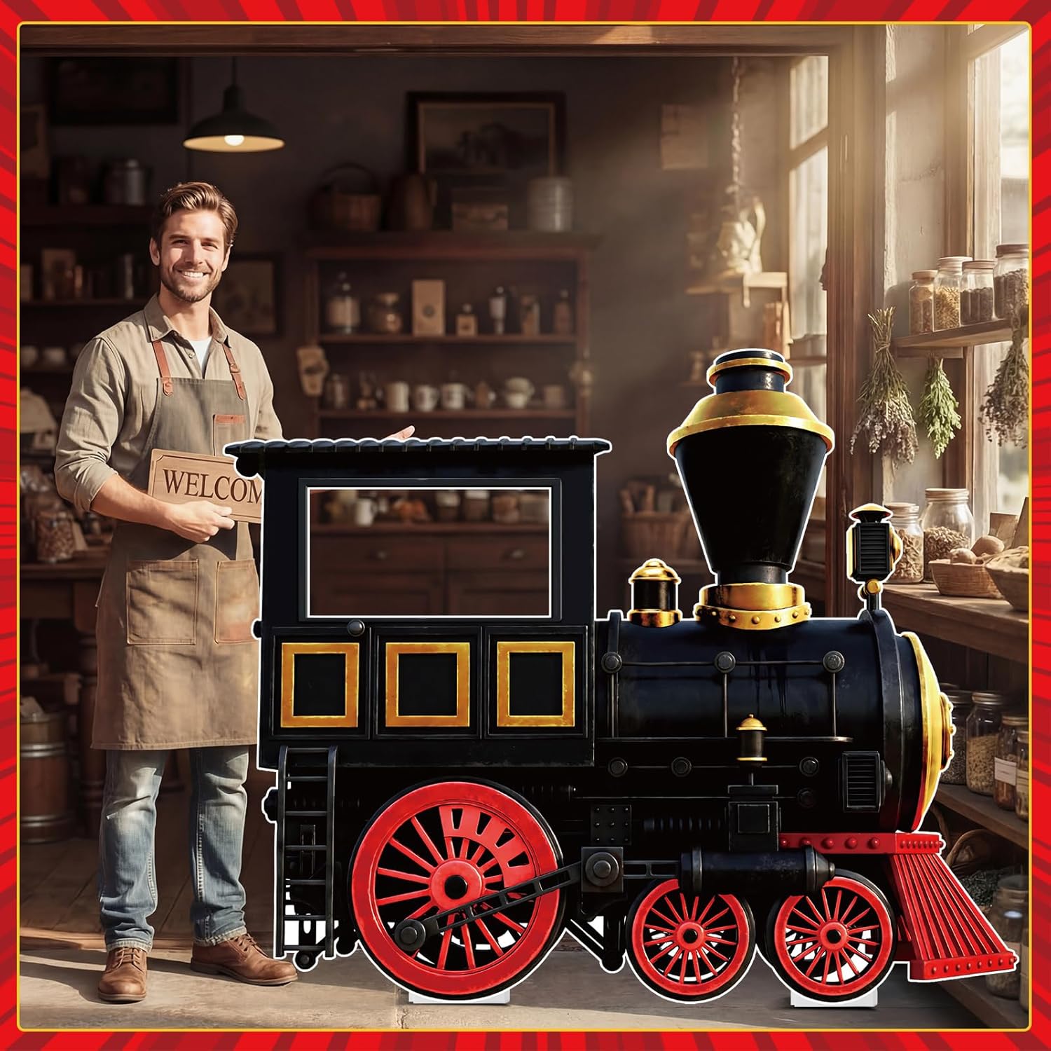 Capoda Life Size Cardboard Cutout Standee 43x59 in, Kt Foam Board Locomotive Photo Booth Prop, 2 Support Brackets and 2 Double-Sided Tape, Easy Assembly for Party Birthday Event Decor(Side of Train)