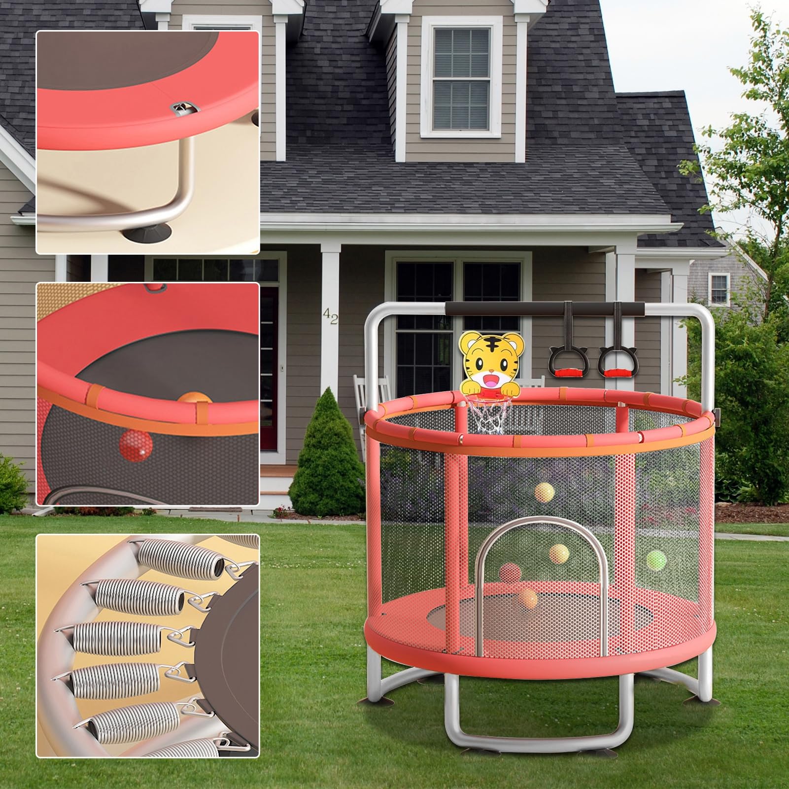 Trampolina dla dzieci z siatką ogrodzeniową, 152 cm, trampolina dla dzieci, do wewnątrz, na zewnątrz, zestaw do zabawy z regulowanym drążkiem gimnastycznym, obręczą do koszykówki, huśtawką, workiem z