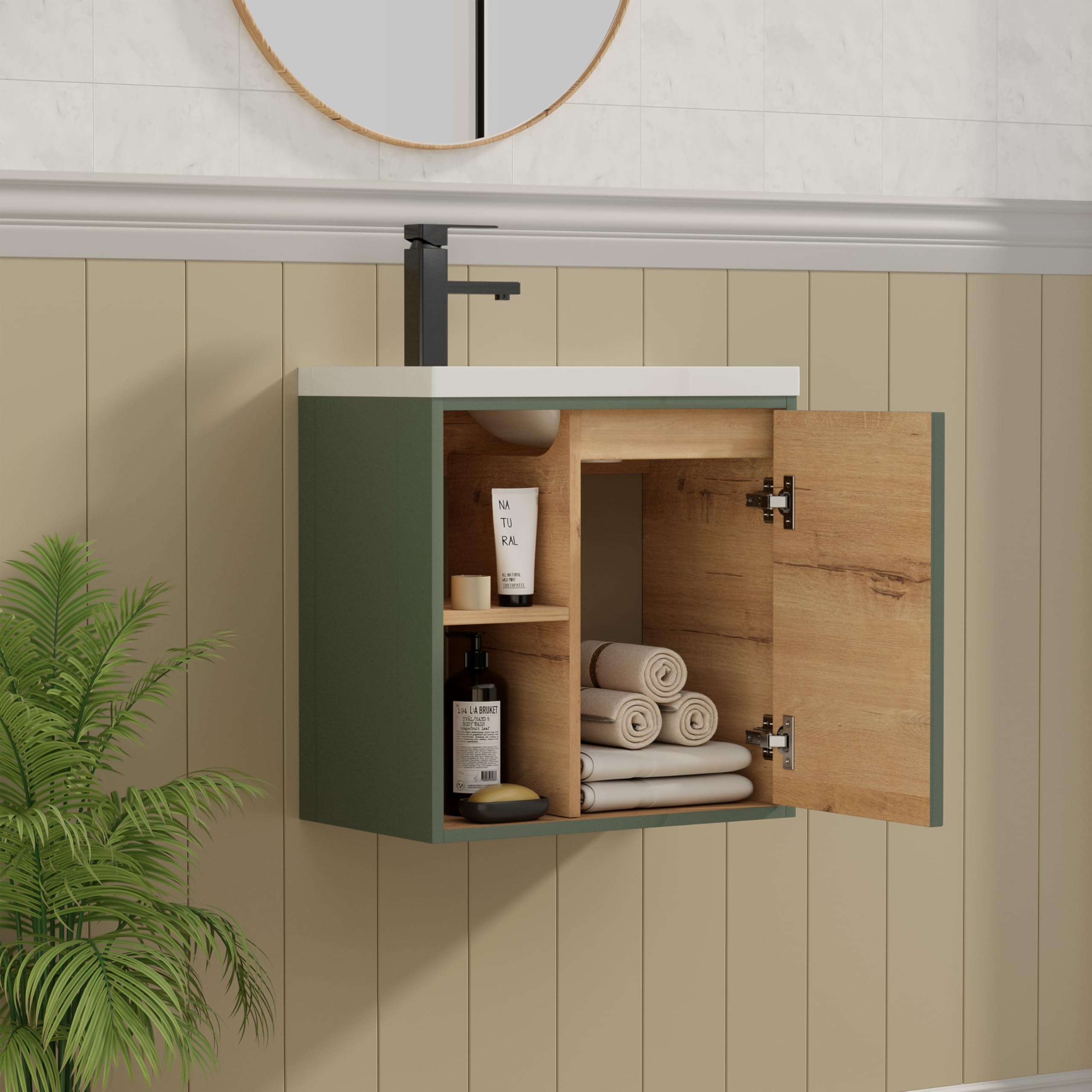UEV Waschtisch mit Unterschrank hängend 50,5cm,Gäste-WC Waschtisch kleine, Waschbecken mit Wasserhahn, Waschtischunterschrank hängend, Waschplatz ausreichend Stauraum,Badmöbel Set für Badezimmer grün