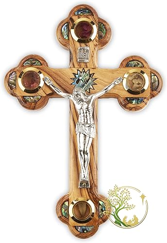 PHLG Cruz de pared de madera de olivo tallada a mano - Crucifijo de Jerusalén con nácar para bautizo, bautismo, primera comunión