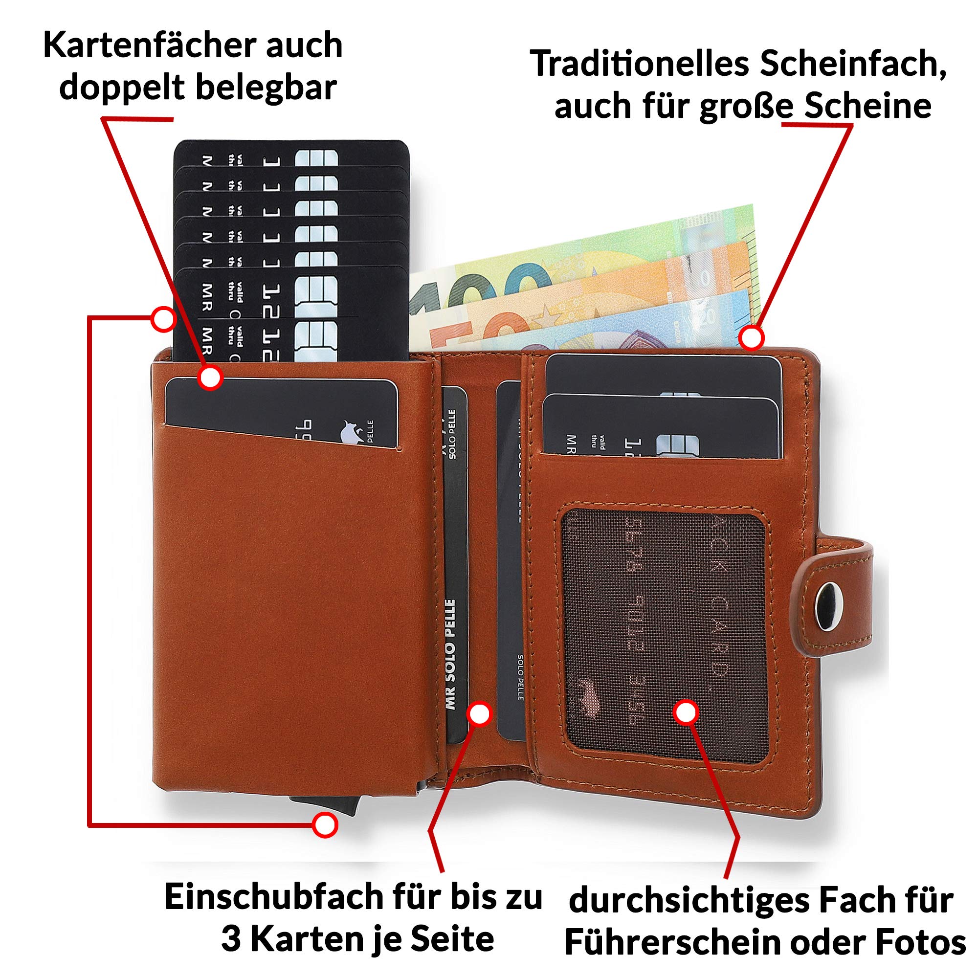 Solo Pelle Leder Geldbörse "Q-Wallet" mit integriertem Kartenetui für 15 Karten + Geldscheine geeignet | Kreditkartenetui mit RFID (Cognac Braun Burned)