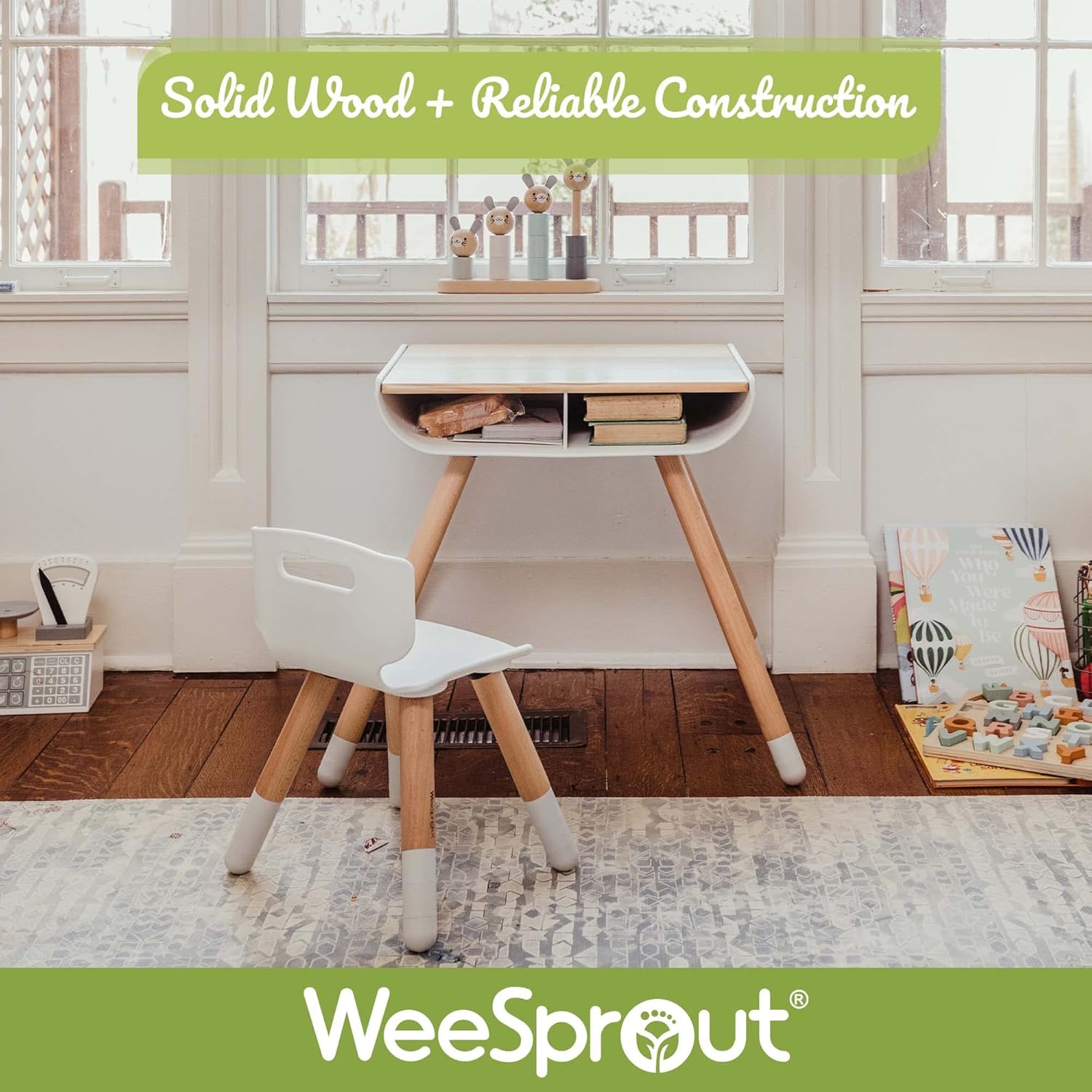 WeeSprout Toddler Desk & Chair Set, Sturdy Solid Wood Legs + Desk Surface, Adjustable Height, Built-in Storage, Tool-Free Assembly, Modern Design, for Kids Arts & Crafts, Snacks, Homework & Play