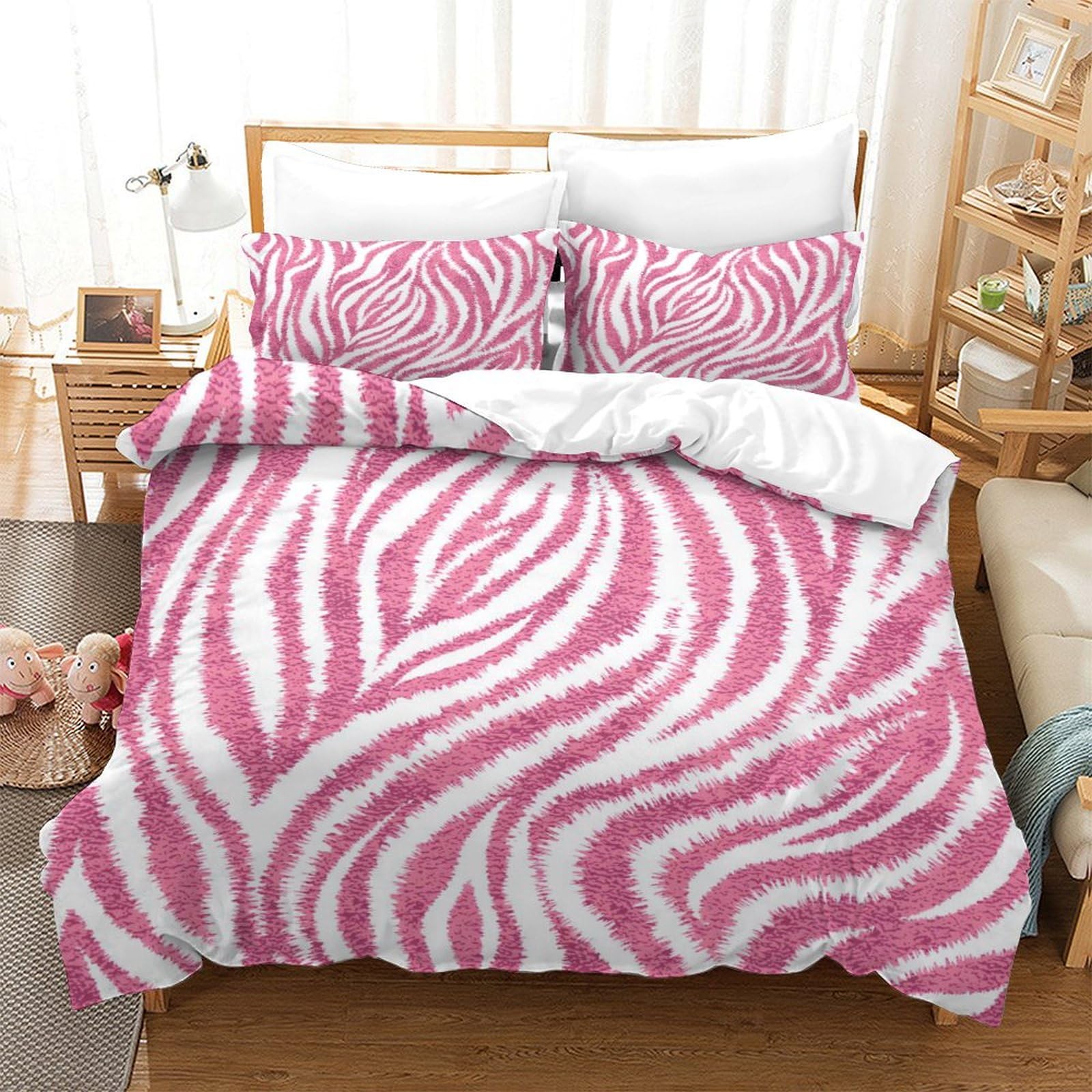 GDEKCIEAS Pink Zebra Skin Boys Bedding Set 3 Pieces Duvet Cover Set,3D Bedding Comforter Cover,Soft Microfiber Quilt Cover,Bedspread Cover,Teens,Kids,Adults,Zipper Closure Super King（260x220cm）