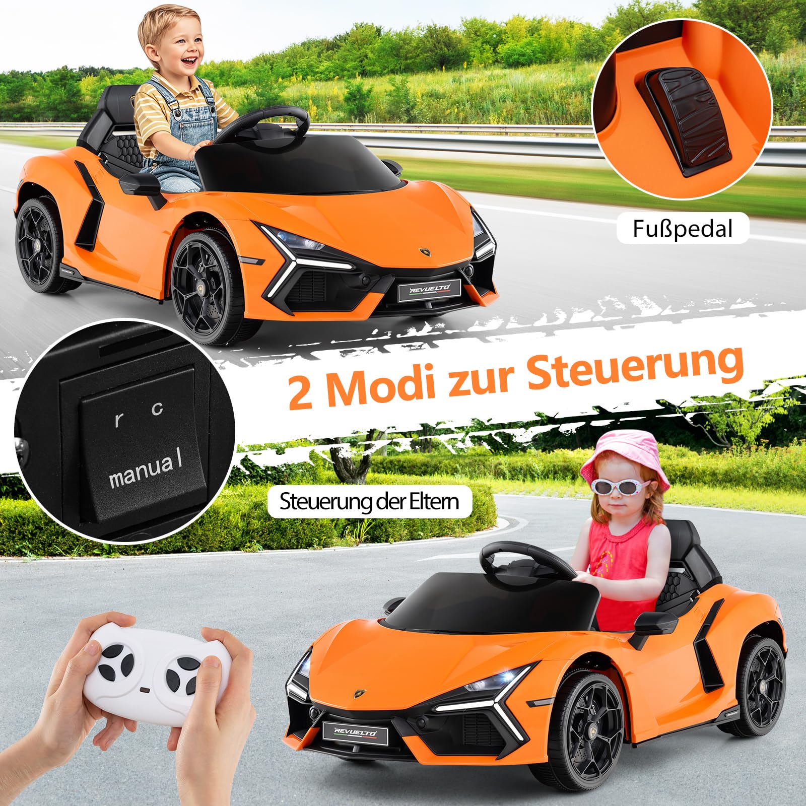 COSTWAY Samochód elektryczny dla dzieci Lamborghini Revuelto, elektryczny samochód dla dzieci 12 V z reflektorami LED, klaksonem i muzyką, 3-5 km/h, w zestawie pilot zdalnego sterowania (pomarańczowy)