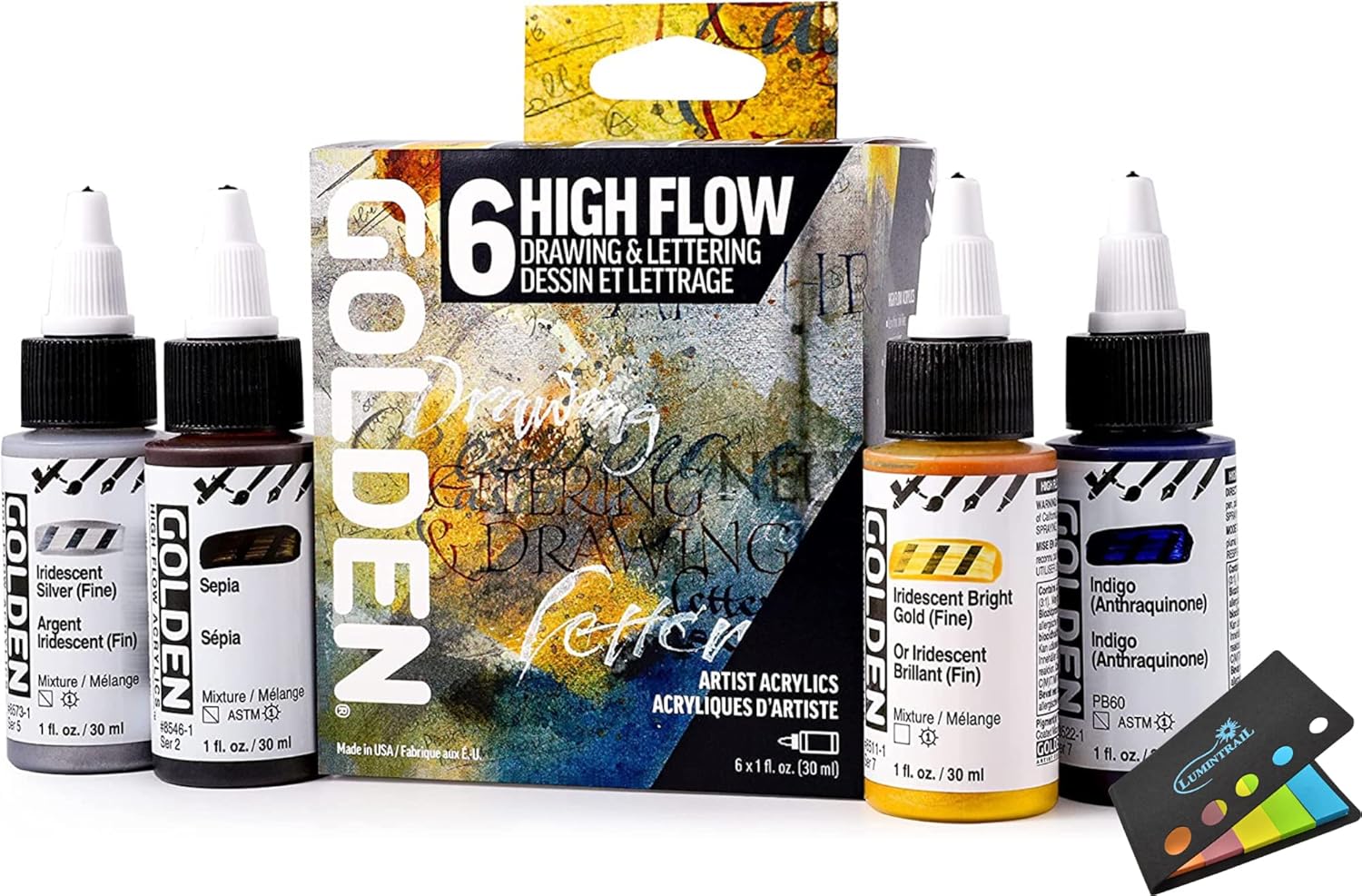 Golden High Flow Acrylic Paint Set, 6 Color Drawing & Lettering Set, 1 Fl Oz Bottles, Great for Airbrush Paint, Ultra-Thin Golden Acrylic Paint, Acrylic Ink with Sticky Notes