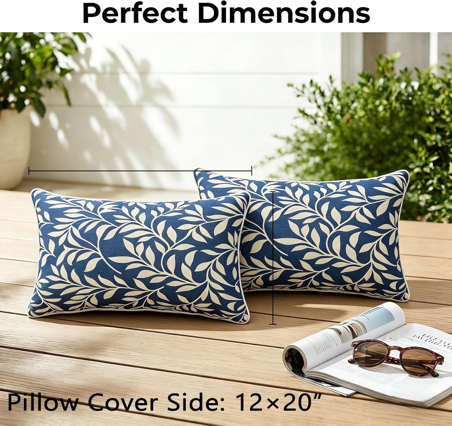 JMGBird Outdoor Lumbar Pillow Covers with Inserts Set of 2, 12x20 Inch Water Repellent Decorative Throw Pillows Blue with White Leaf Pattern for Patio Furniture, Couch, Garden, Outdoor Decor