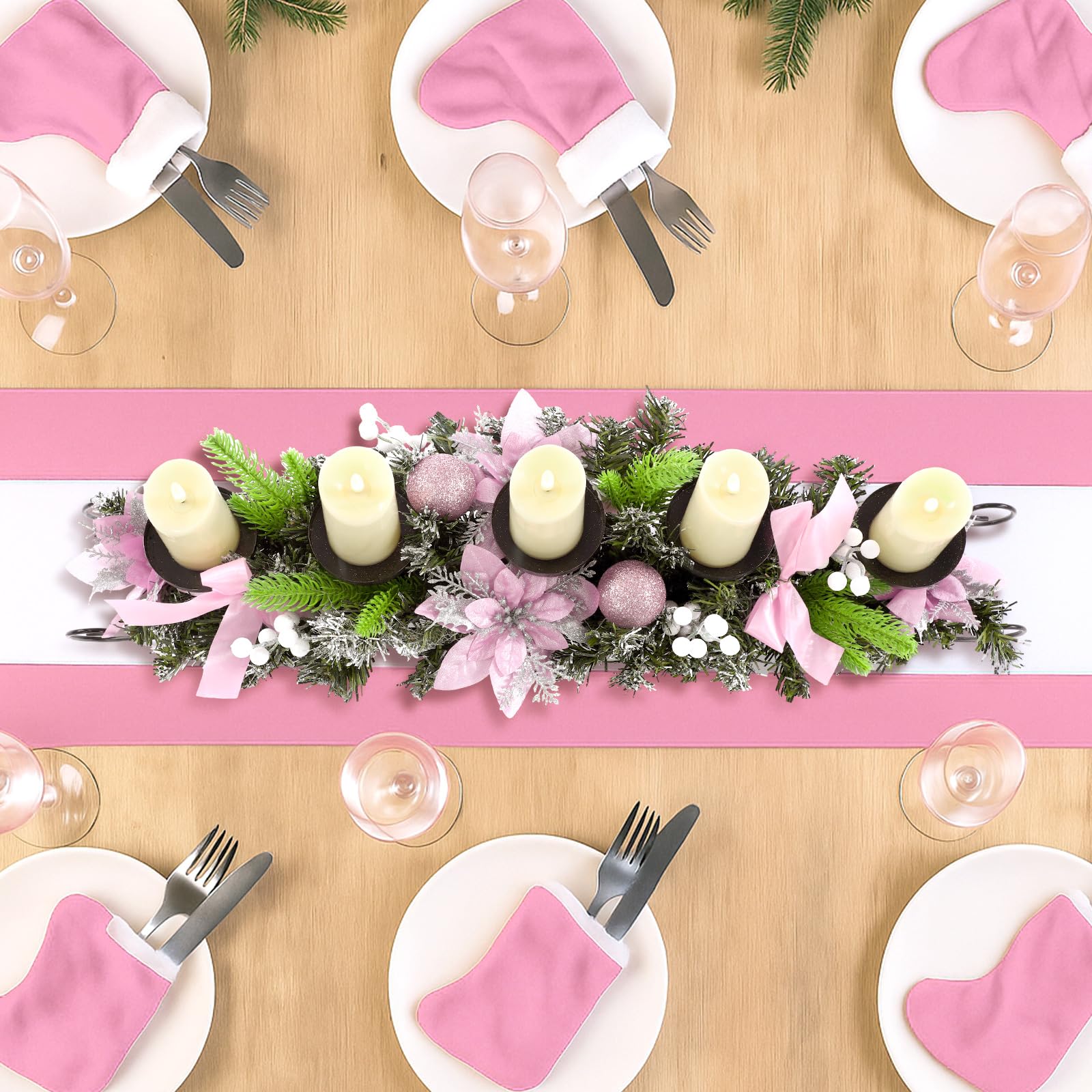 Yungyan Centre de table de Noël de 76,2 cm, comprend 5 bougeoirs LED à piles, des fleurs de poinsettia roses, un nœud rose, des pommes de pin et une base, décorations de table artificielles de Noël
