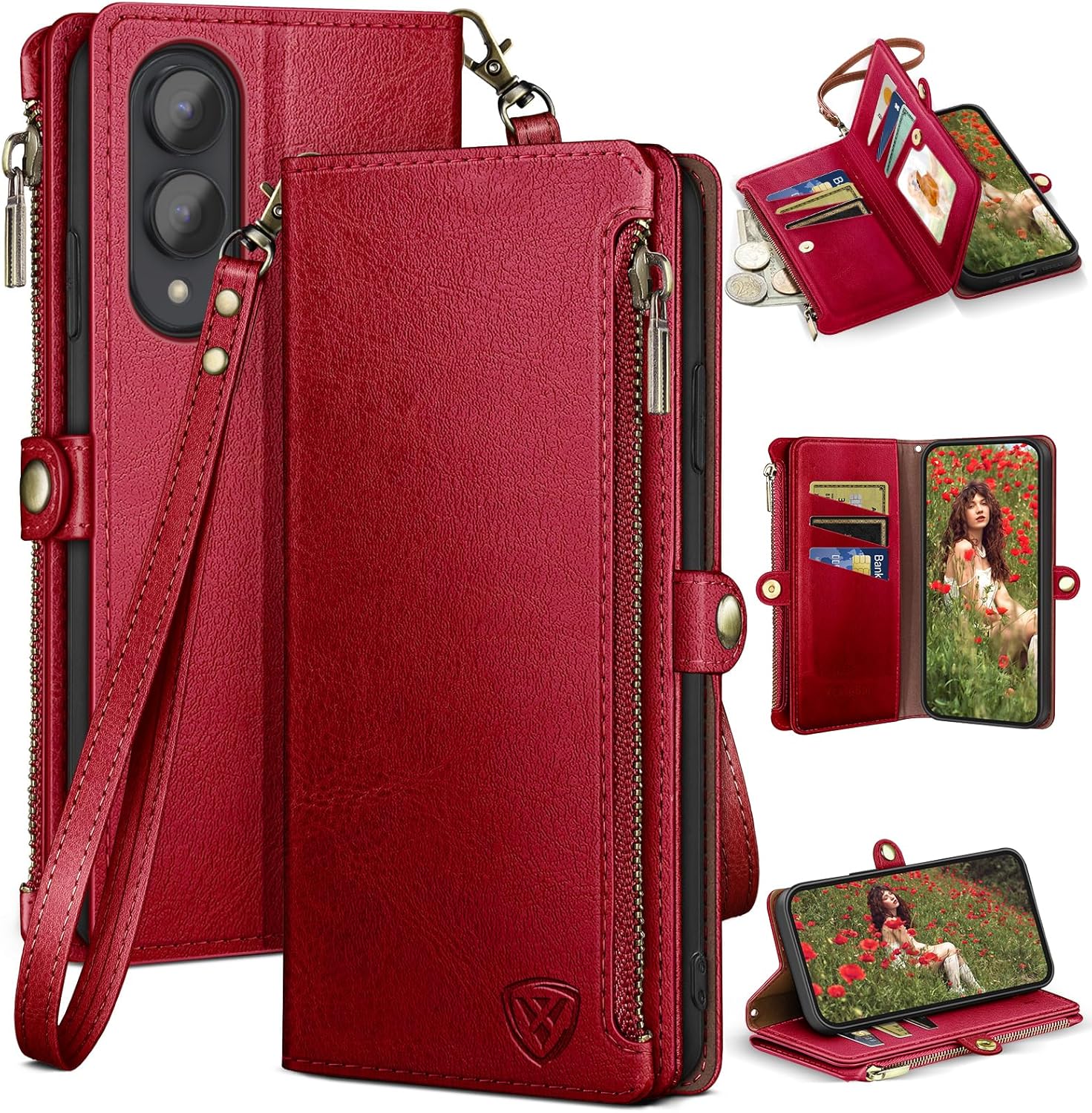 XcaseBar Compatible with ‌Samsung Galaxy S25 Edge Wallet case with Zipper Credit Card Holder【RFID Blocking】,Flip Folio Book PU Phone case Shockproof Cover Women Men for Samsung S25 Edge case Red