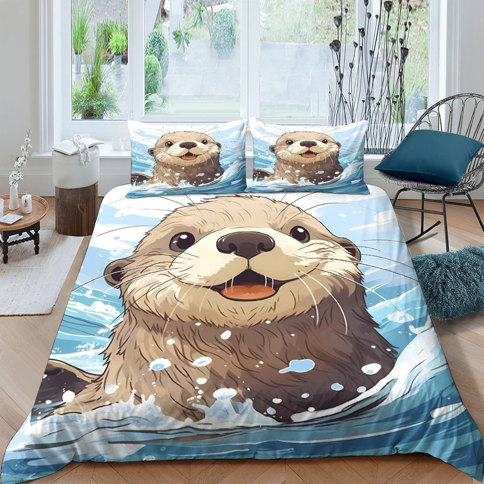 TUFRTGYHN 3D Printed Otter Water Splash Duvet Cover Microfiber Soft Bedding Set with 2 Pillowcases for Bedroom Decor Single（135x200cm）