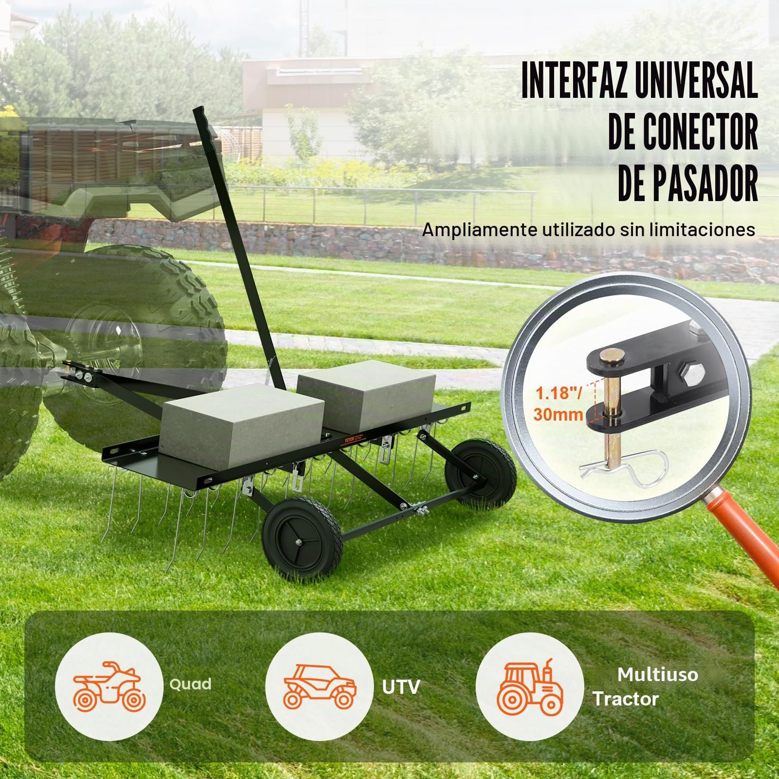 VEVOR Cortacéspedes de Remolque detrás de 1219 x 1140 x 865 mm con 24 Púas de Acero con Resorte, Rastrillo de Césped para ATV o Cortacésped, con Mango de Elevación para Césped de Granja de Jardín
