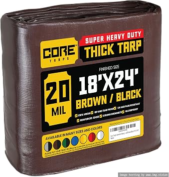 Core Tarps Extreme Heavy Duty 20 Mil Tarp Cover, Waterproof, UV Resistant, Rip and Tear Proof, Poly Tarpaulin with Reinforced Edges for Roof, Patio, Pool, Boat Brown/Black 18 X 24