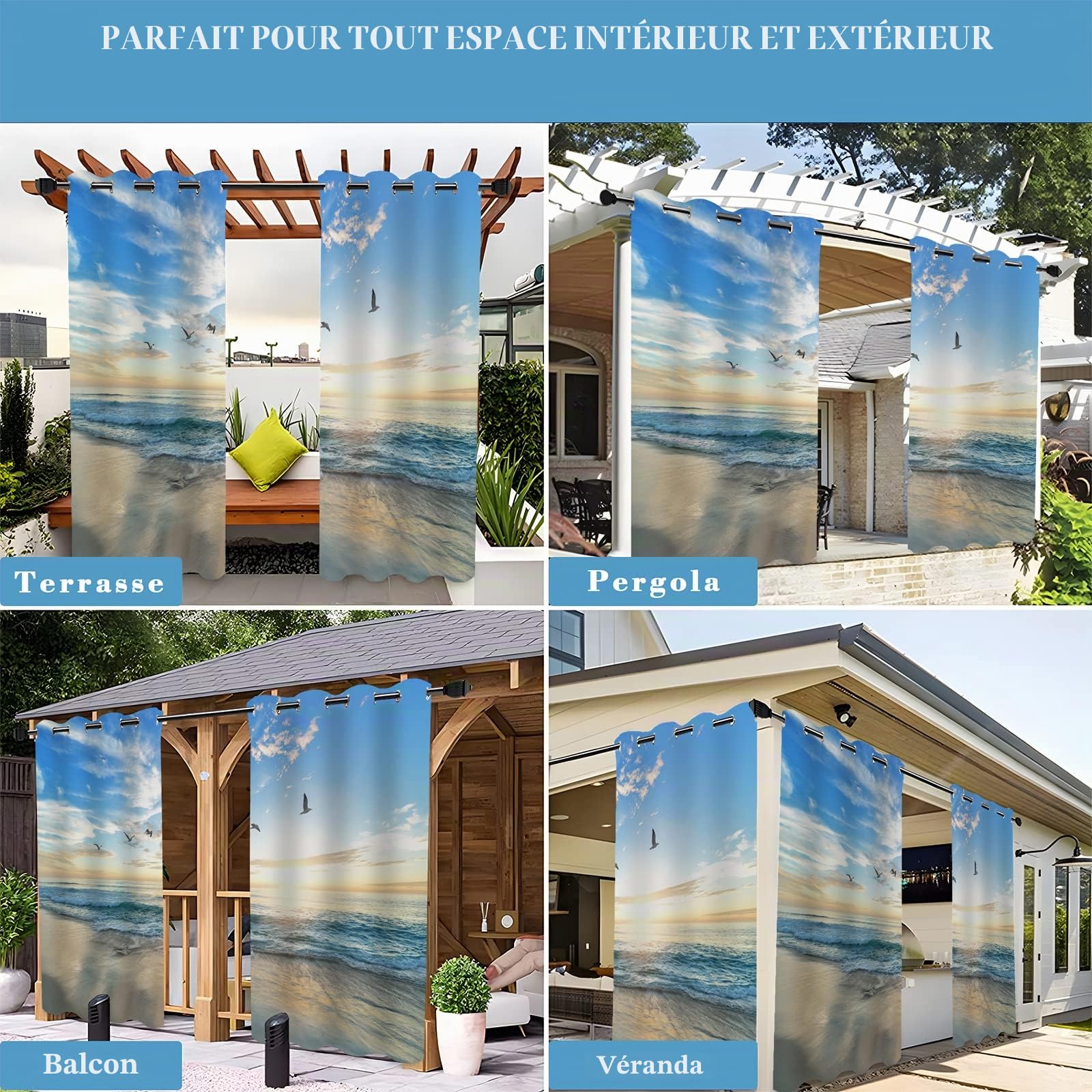 Mise à Niveau Rideaux D'extérieur, Vue Mer à Couper Le Souffle 3D Printed Rideau Occultant Isolant Thermiques pour Pergola, Rideau Exterieur Imperméable pour Cabanon Jardin,2 Panneau 132x213