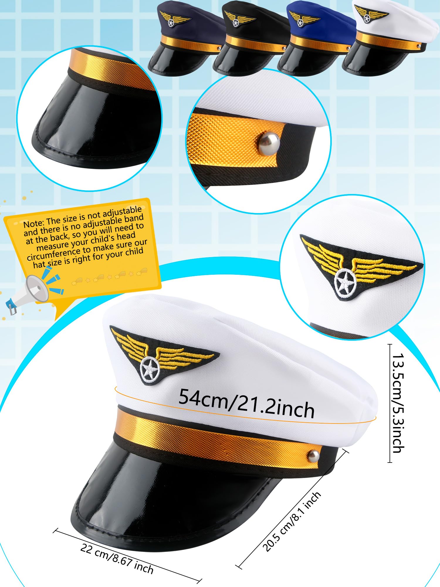 SGBETTER 12 Pack Child Pilot Hats Adjustable Airplane Hats Airline Captain Cap for Kids Halloween Cosplay Party Dress up, 4 Colors