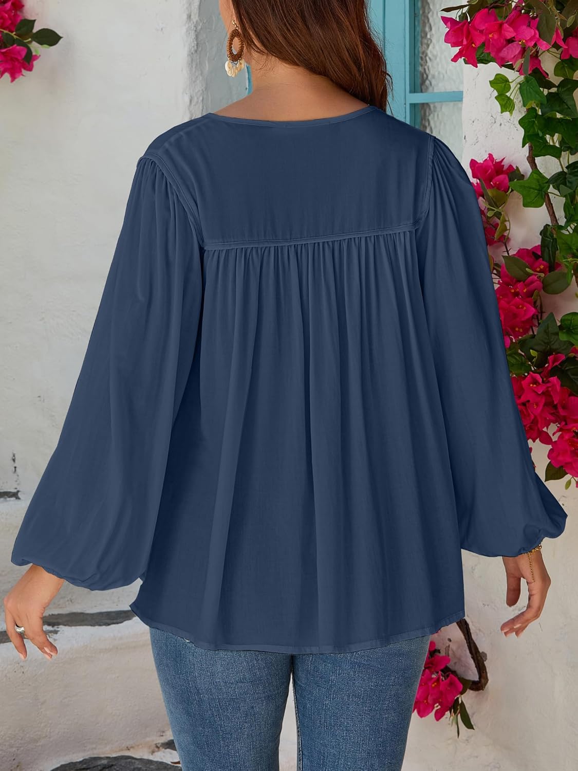 Boho Tops for Women Long Sleeve - V Neck Babydoll Blouse, Trendy Casual & Dressy Lantern Sleeve Tunic Shirt - Image 2