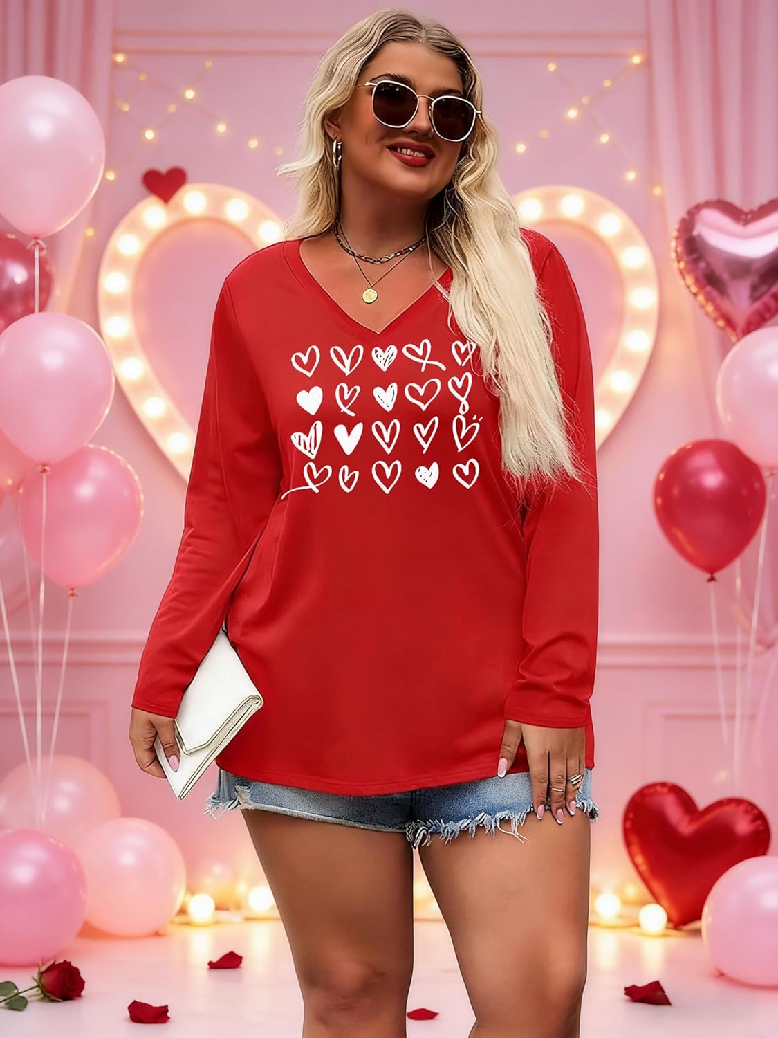 Plus Size Women Valentine Shirts Love Heart Graphic Long Sleeve Tshirt Casual Valentines Day Gift V Neck Tops - Image 2