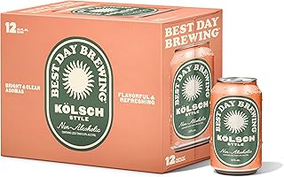 Best Day Brewing Craft Non Alcoholic Beer, Kolsch Style Ale, 12 Pack, Low Carb & Low Calorie NA Beer with Light & Crisp, Toasty Malt Flavor, Non Alcoholic Drinks for Adults, 12 fl oz Cans