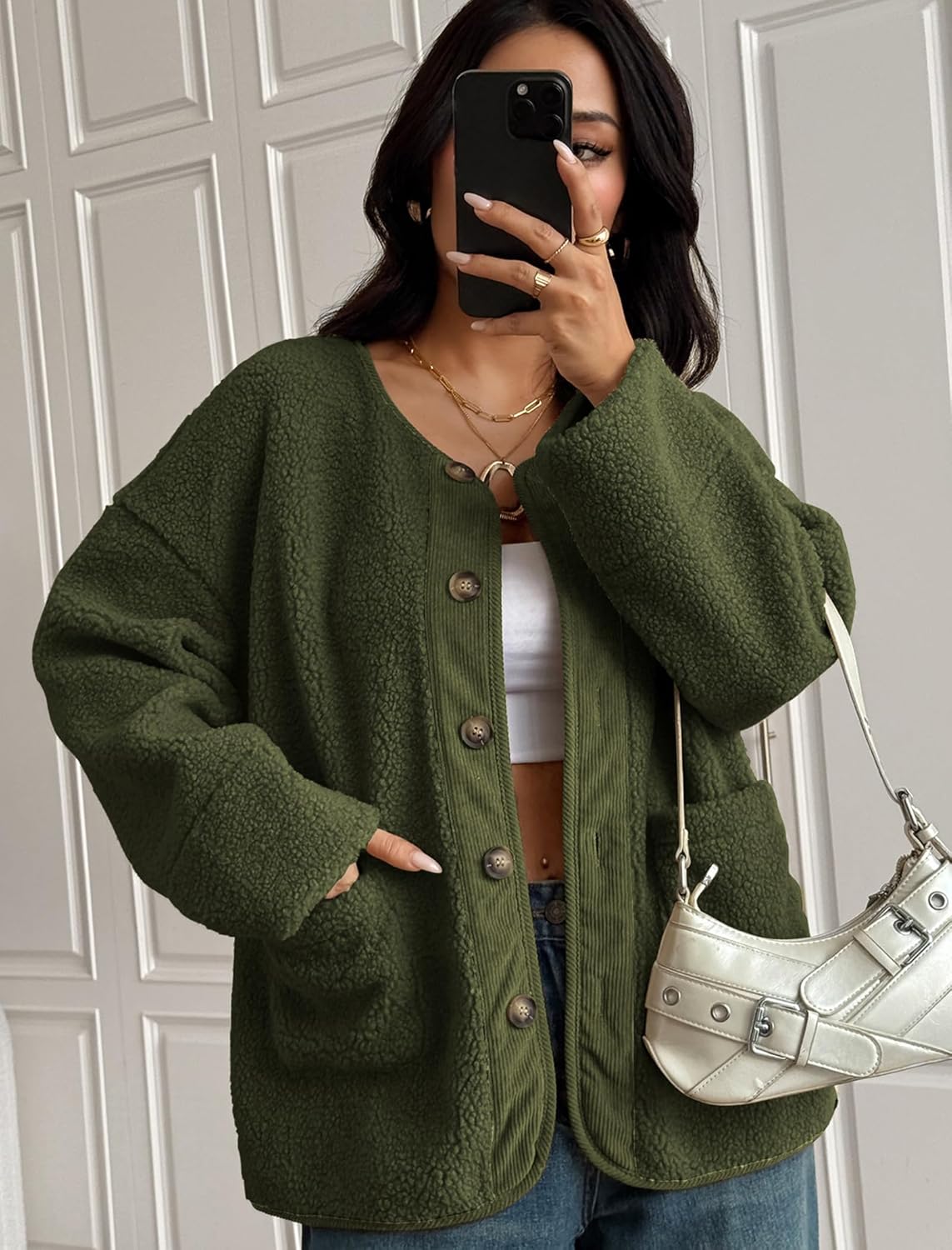 ZAFUL Women's Faux Fur Sweatshirt Long Sleeve Button Down Pockets Winter Coat Fleece Sherpa Jackets Outerwear - Image 6