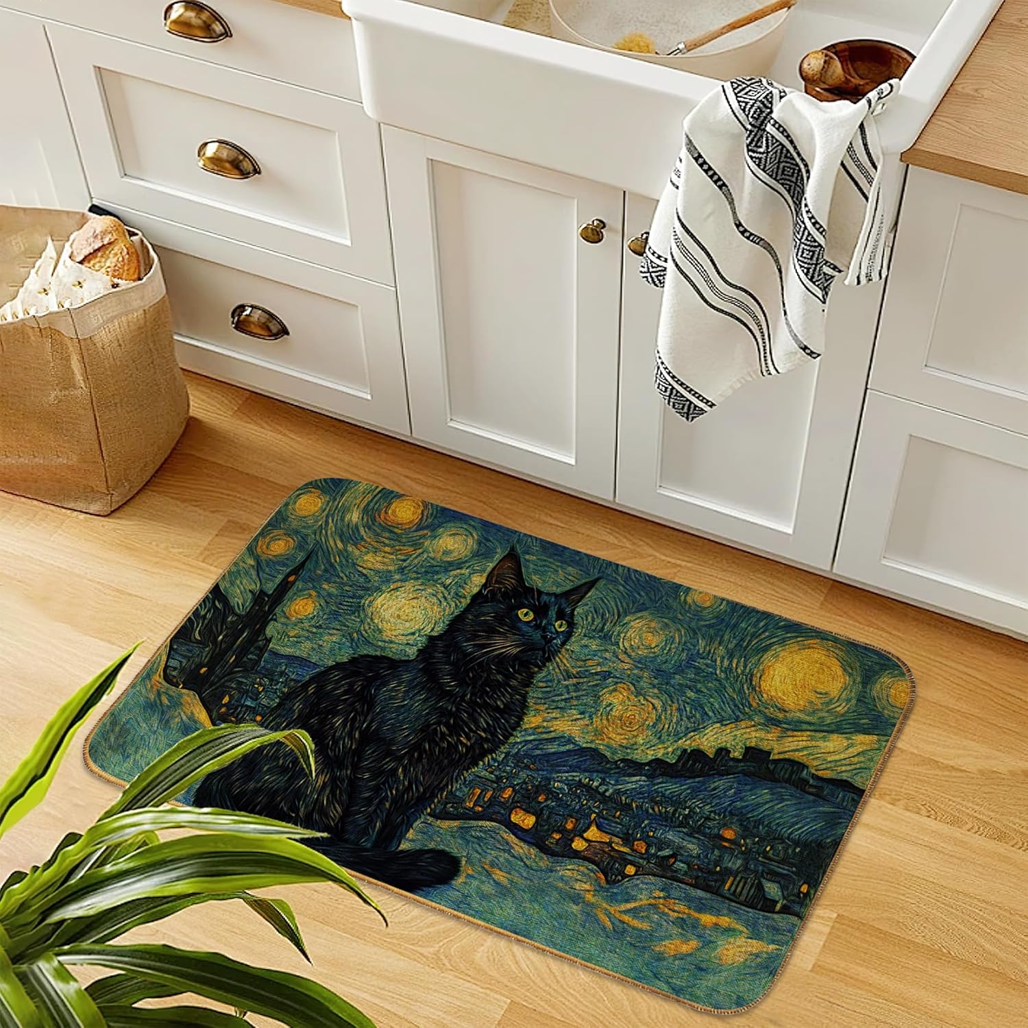 Starry Night Cat Doormat Outdoor Entrance,Abstract Van Gogh Front Door Mat Decorative Indoor Outdoor Non-Slip Entryway Rug for Home Entrance Outside Entry Floor Patio 17x29 Inch