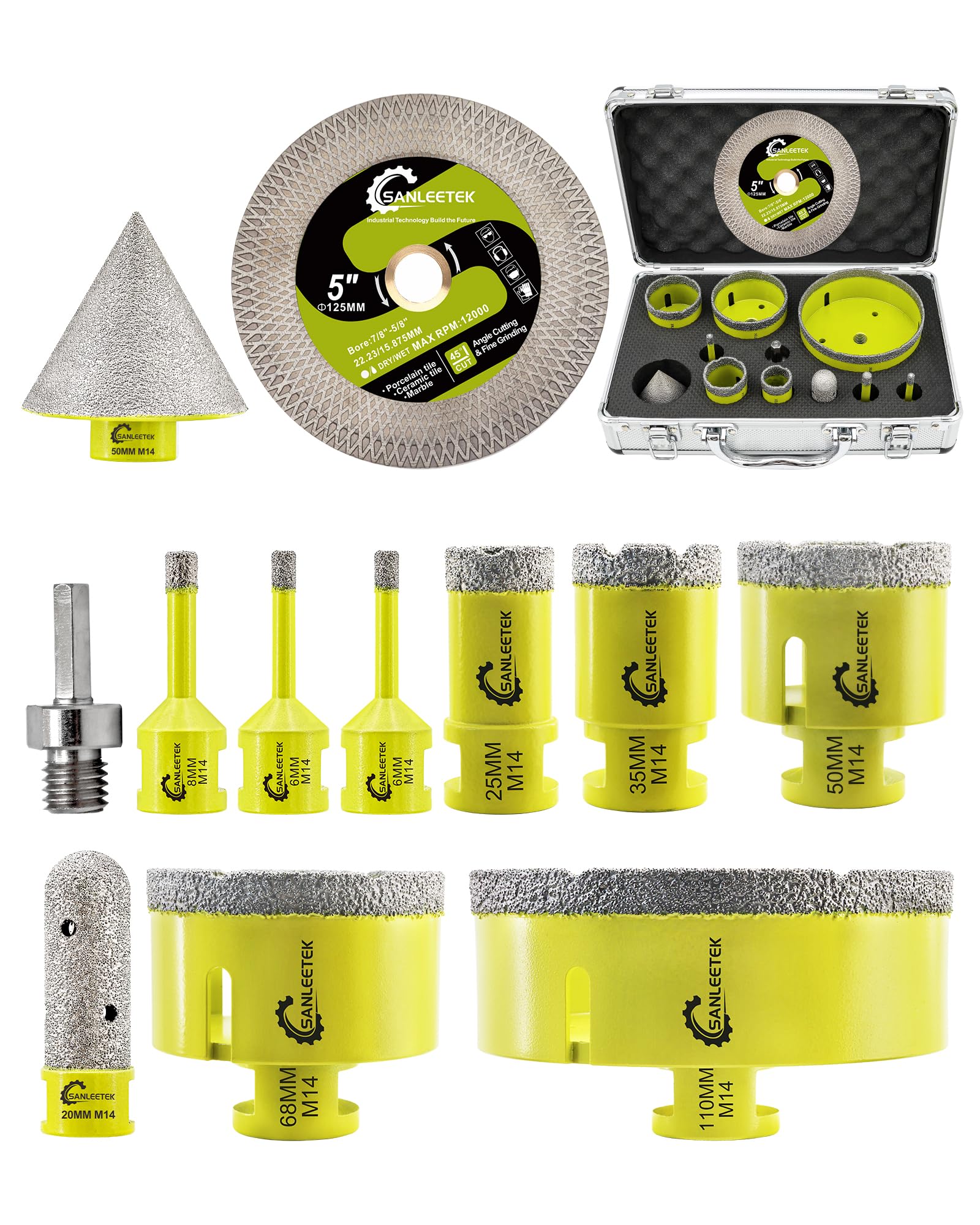 Punte Diamantate Gres Porcellanato - Punte per Trapano Diamantate 12pezzi (6/6/8/25/35/50/68/110mm+20mm Fresa+50mm Punta Smusso+125mm Disco X+Adattatore) Ceramica Porcellana Marmo Granito