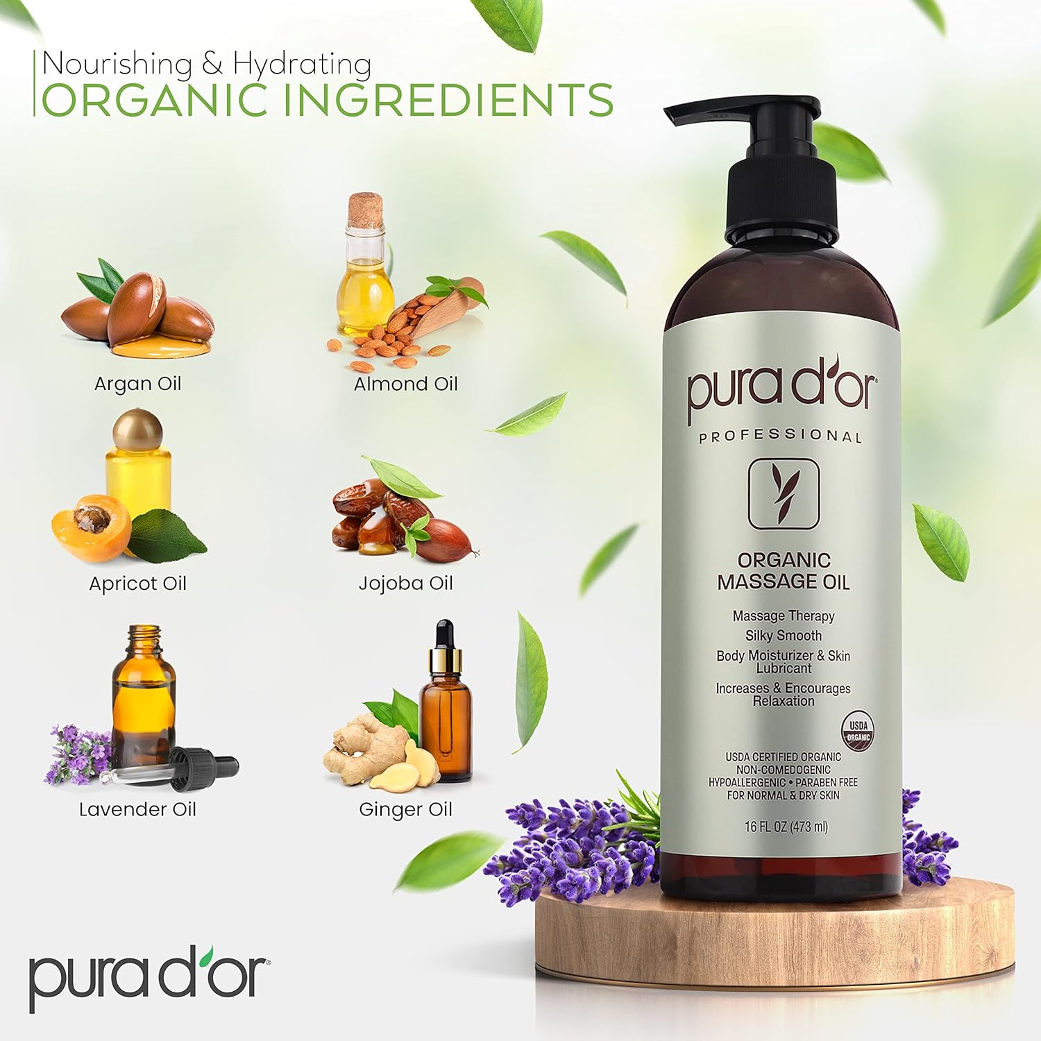 PURA D'OR Organic Massage Therapy Oil (16oz) USDA Certified Almond, Apricot, Argan, Ginger, Jojoba, Lavender Oils for Silky & Softer Skin, Body Moisturizer & Skin Lubricant (Packaging May Vary) : Health & Household