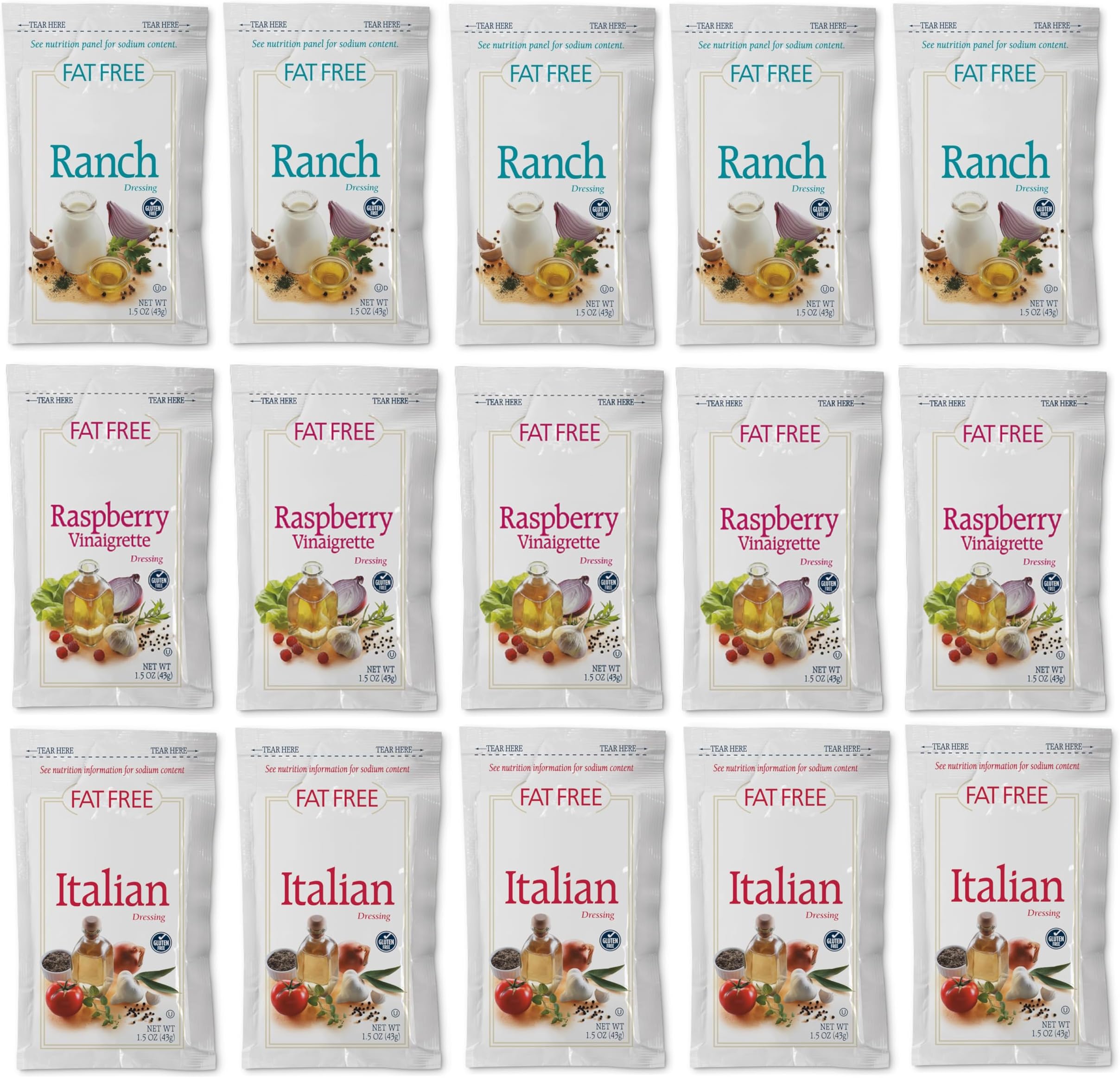 DASHER'S SPICE & BEANS Ken's Fat Free Ranch, Fat Free Raspberry Vinaigrette, & Fat Free Italian Portion Packets Salad Dressing 1.5 Oz - 15 Pack (5 Each)