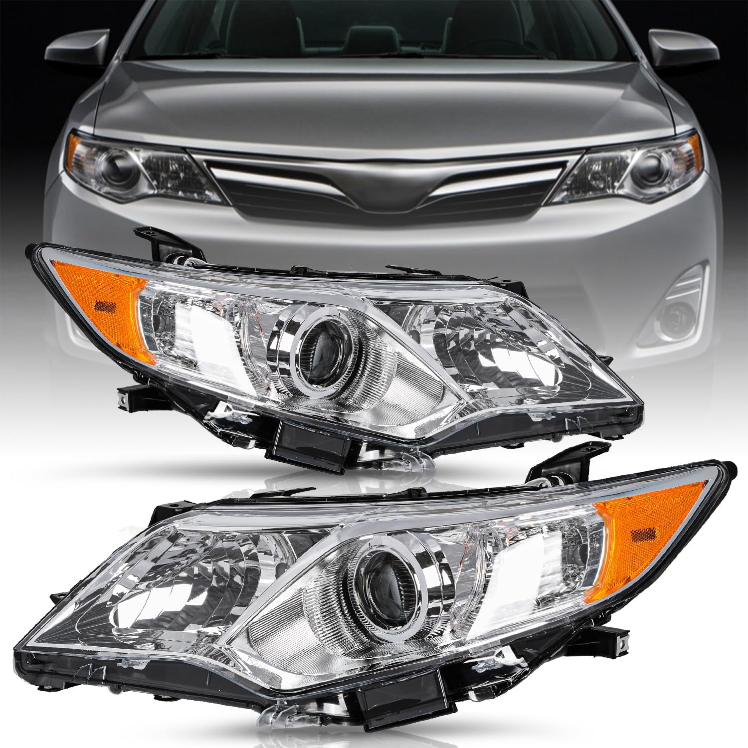 Projector Headlight Assembly Set for 12-14 Toyota Camry L/Le/Xle/Hybrid/SE Driver Passenger Side (Chrome Housing with Amber Reflector)