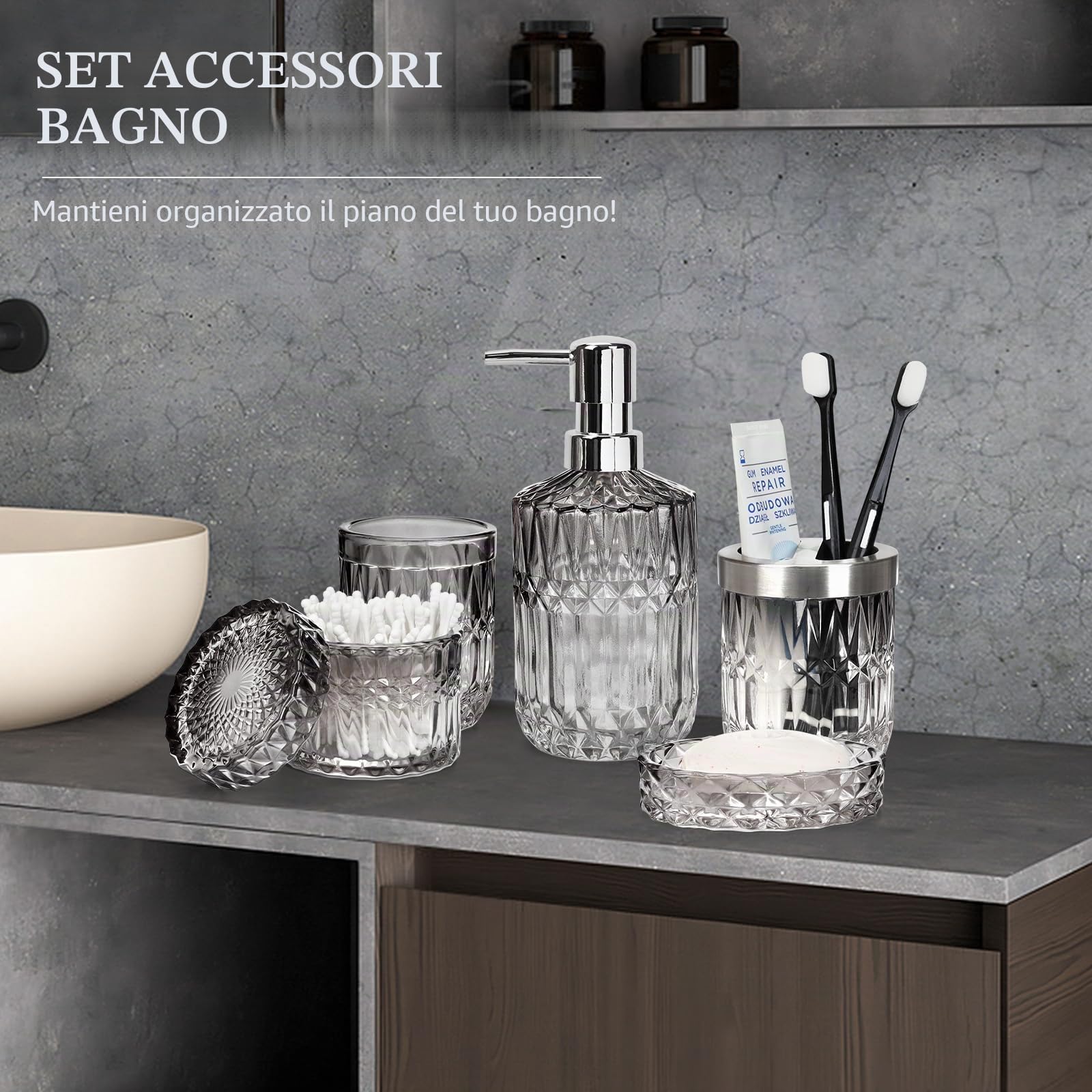 Set di 5 accessori da bagno in vetro – moderno dispenser di sapone, portasapone, portaspazzolino, bicchiere e barattolo per cotton fioc | Organizer da bagno dal design elegante (sfumato nero e