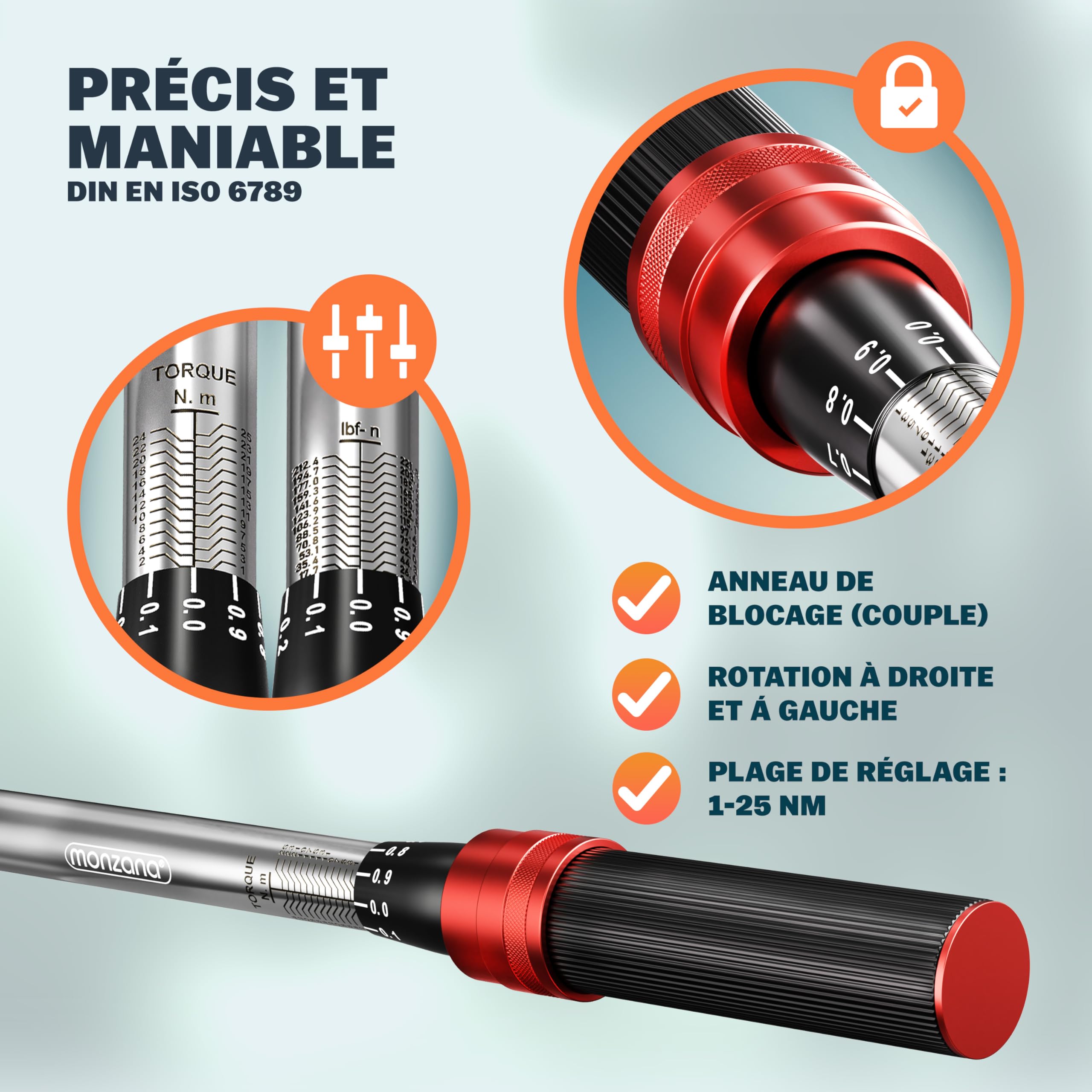 Monzana® Clé dynamométrique 1/4' 1-25 NM ±3% 18 pièces acier CV extension boîte de rangement vélo moto set complet clé de serrage clé à cliquet