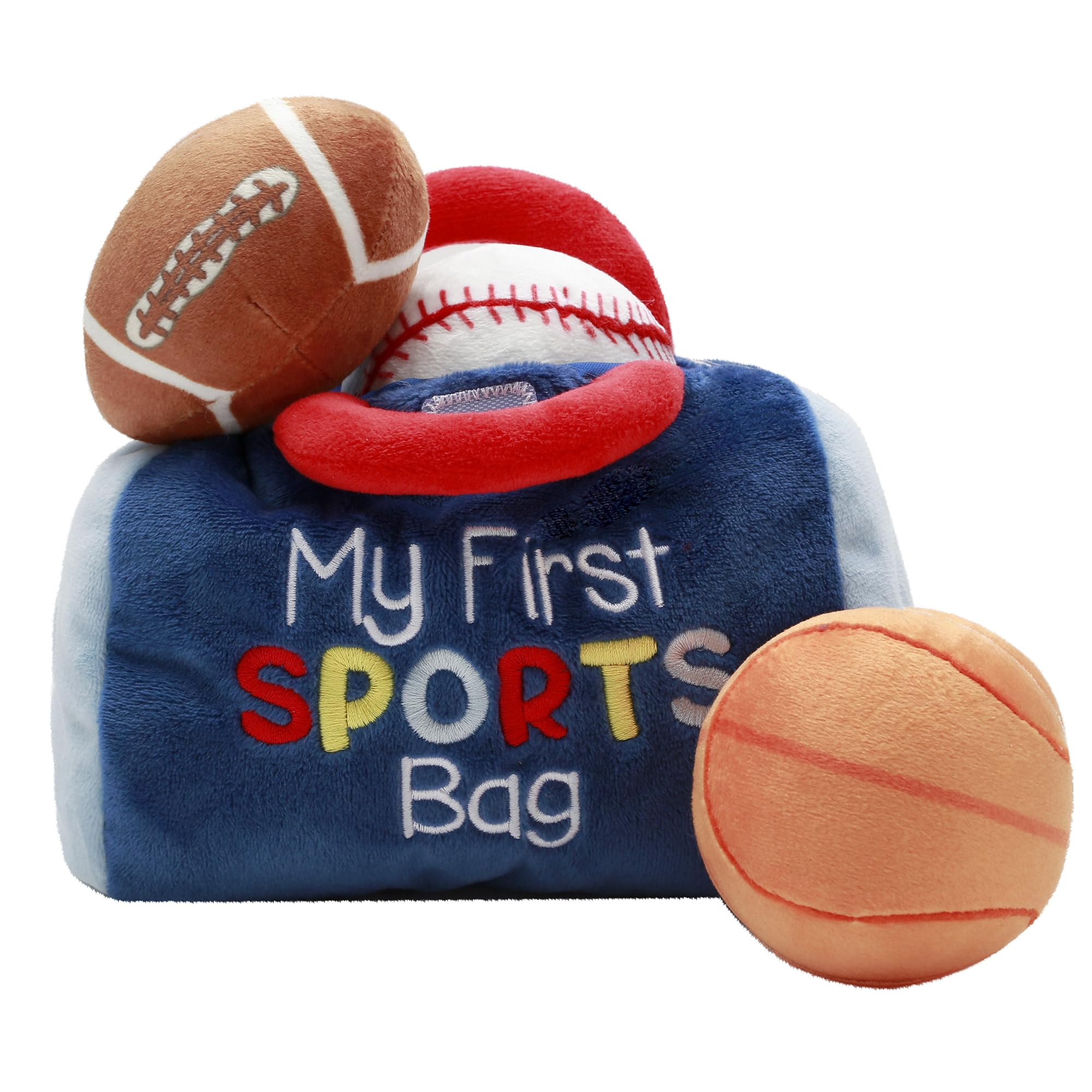4 Piece Plush My First Sport Bag Play Set with Sensory Toy Balls for Baby, Blue All Sports, 6 inch, Basketball, Baseball, Football