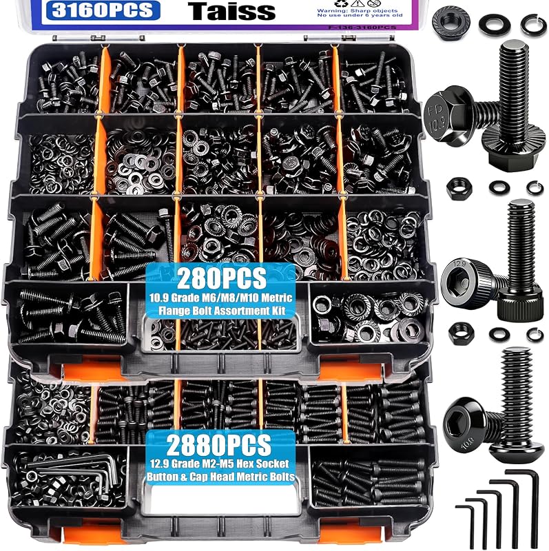 Taiss 3160PCS Metric Flange Bolt Assortment Kit,Nuts and Bolts Assortment Kit M2 M3 M4 M5 M6x1.0 M8x1.25 M10x1.5 Bolt(4-45mm) 42 Sizes Hex Socket Button & Cap Head Metric Screw 10.9 Black Zinc Plated